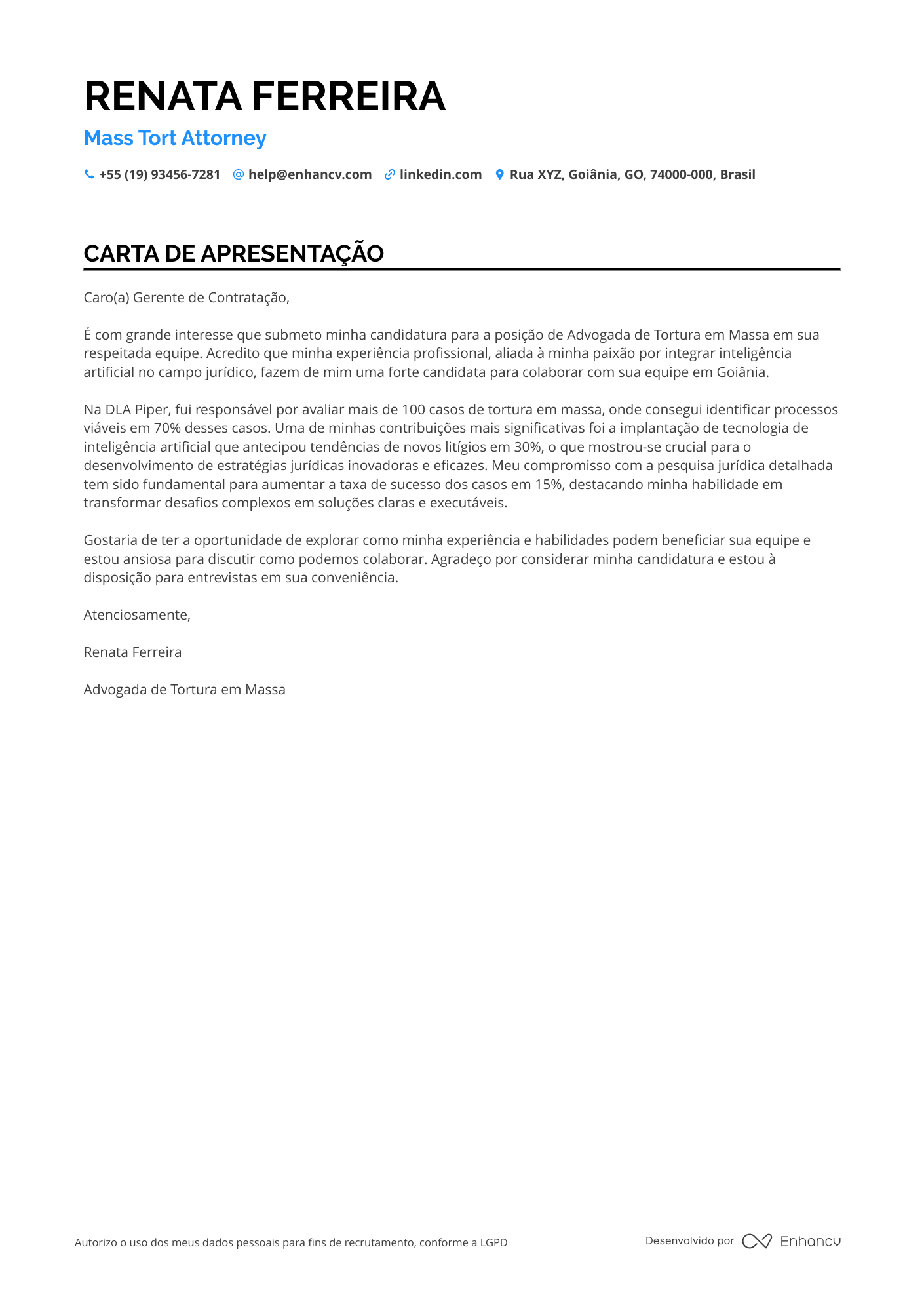 Advogado iniciante Carta de apresentação