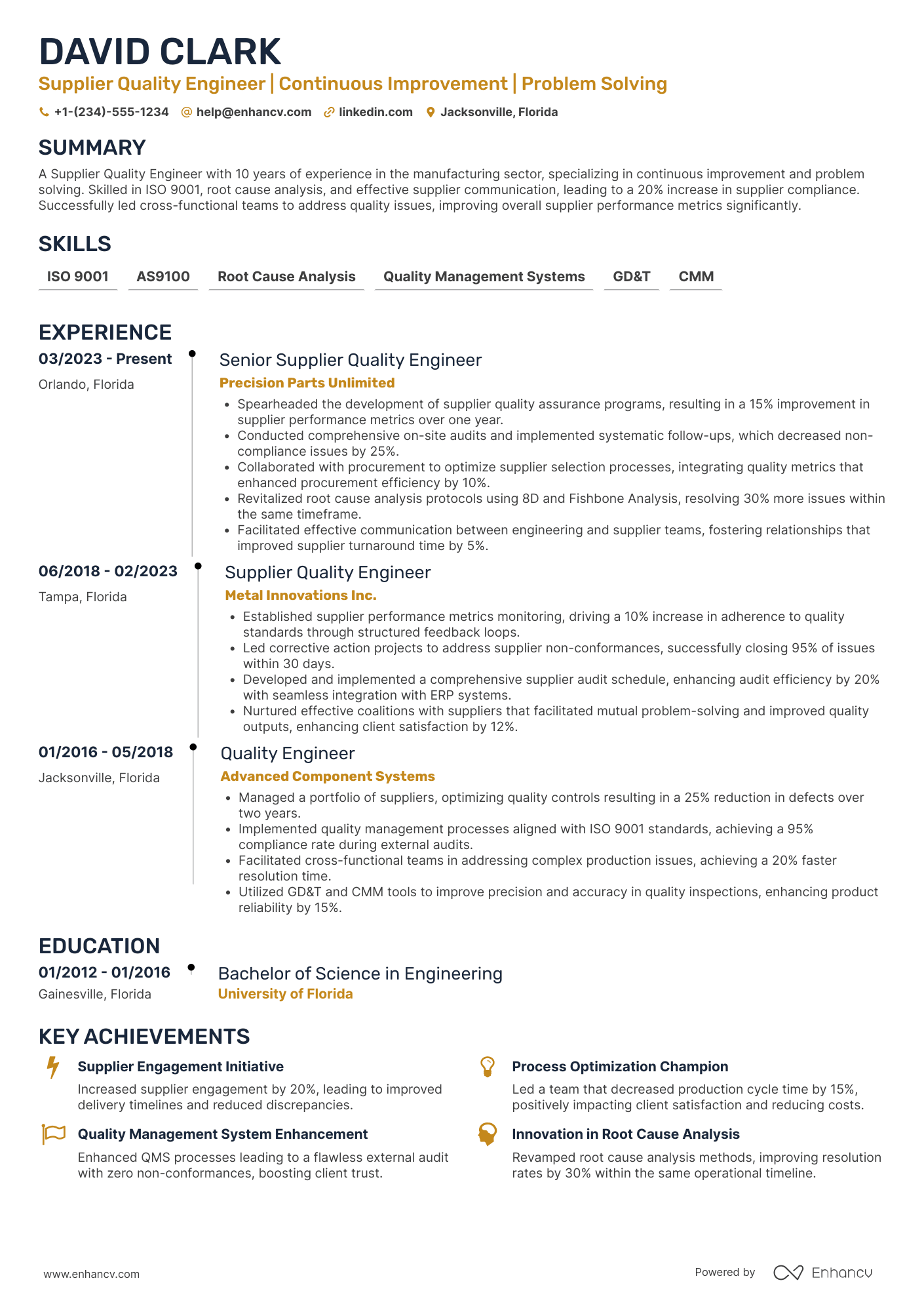 Supplier Quality Engineer resume example