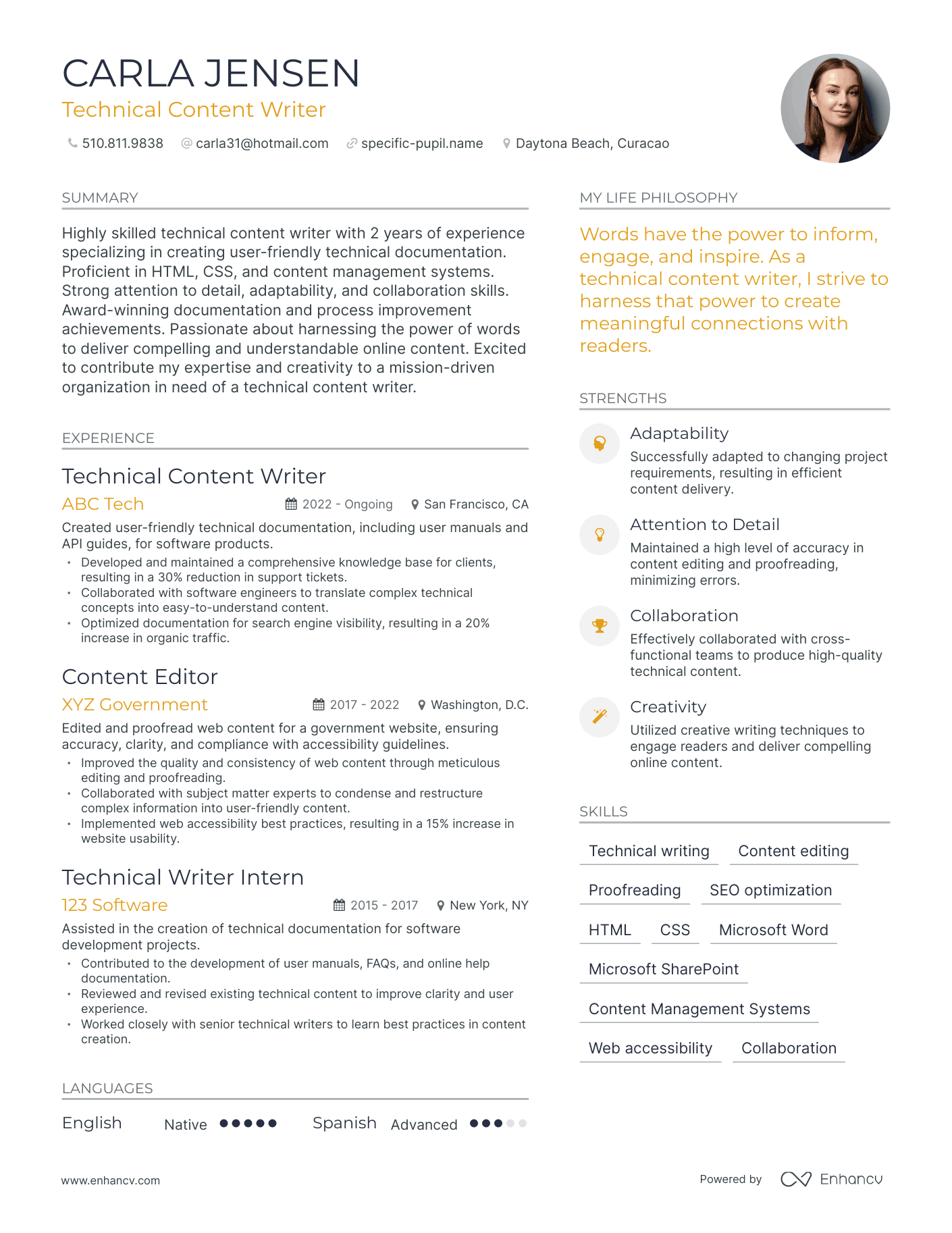 Modern Technical Content Writer Resume Example