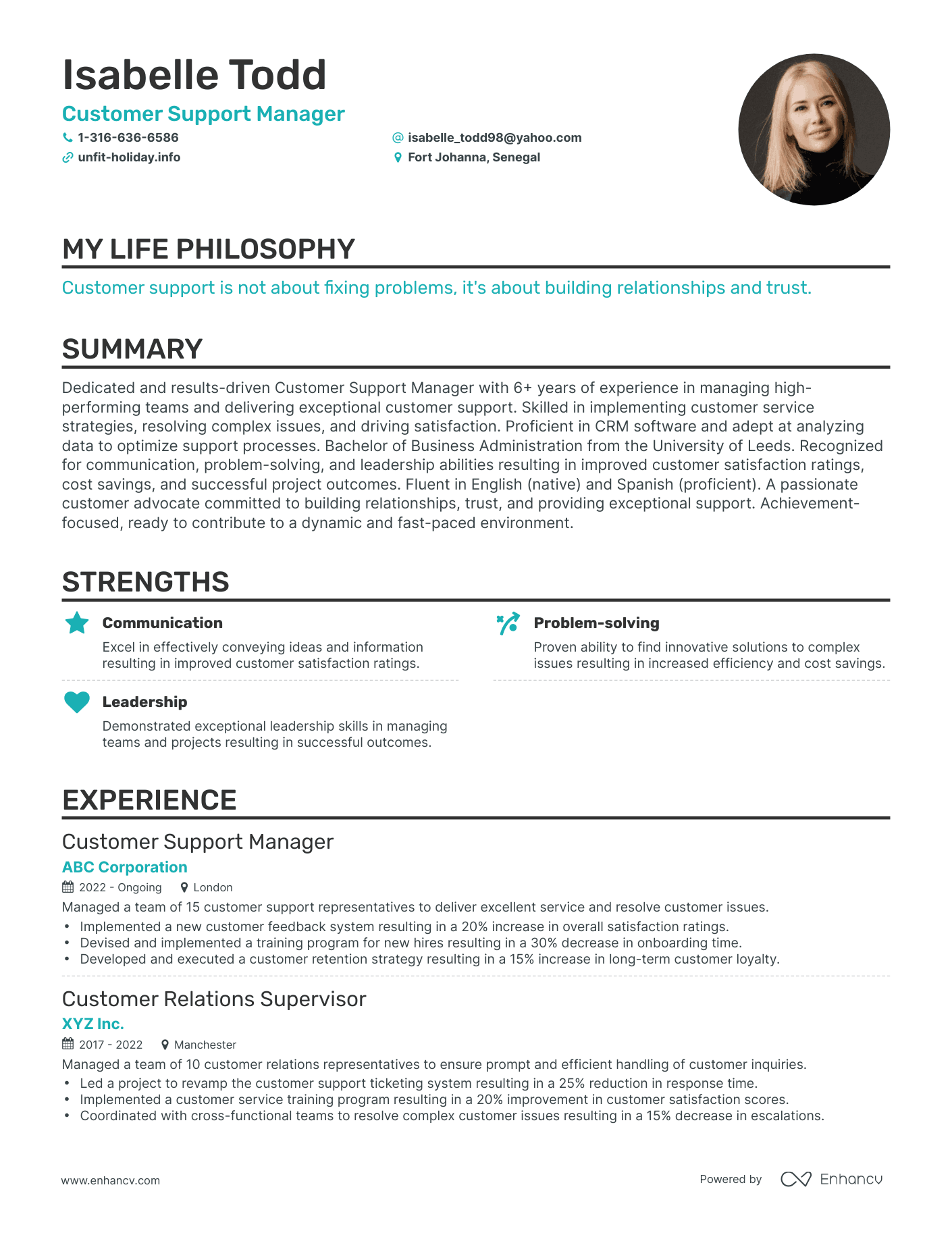 Creative Customer Support Manager Resume Example