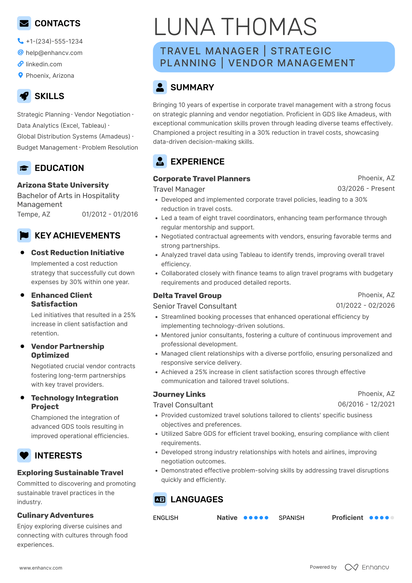 Travel Manager resume example