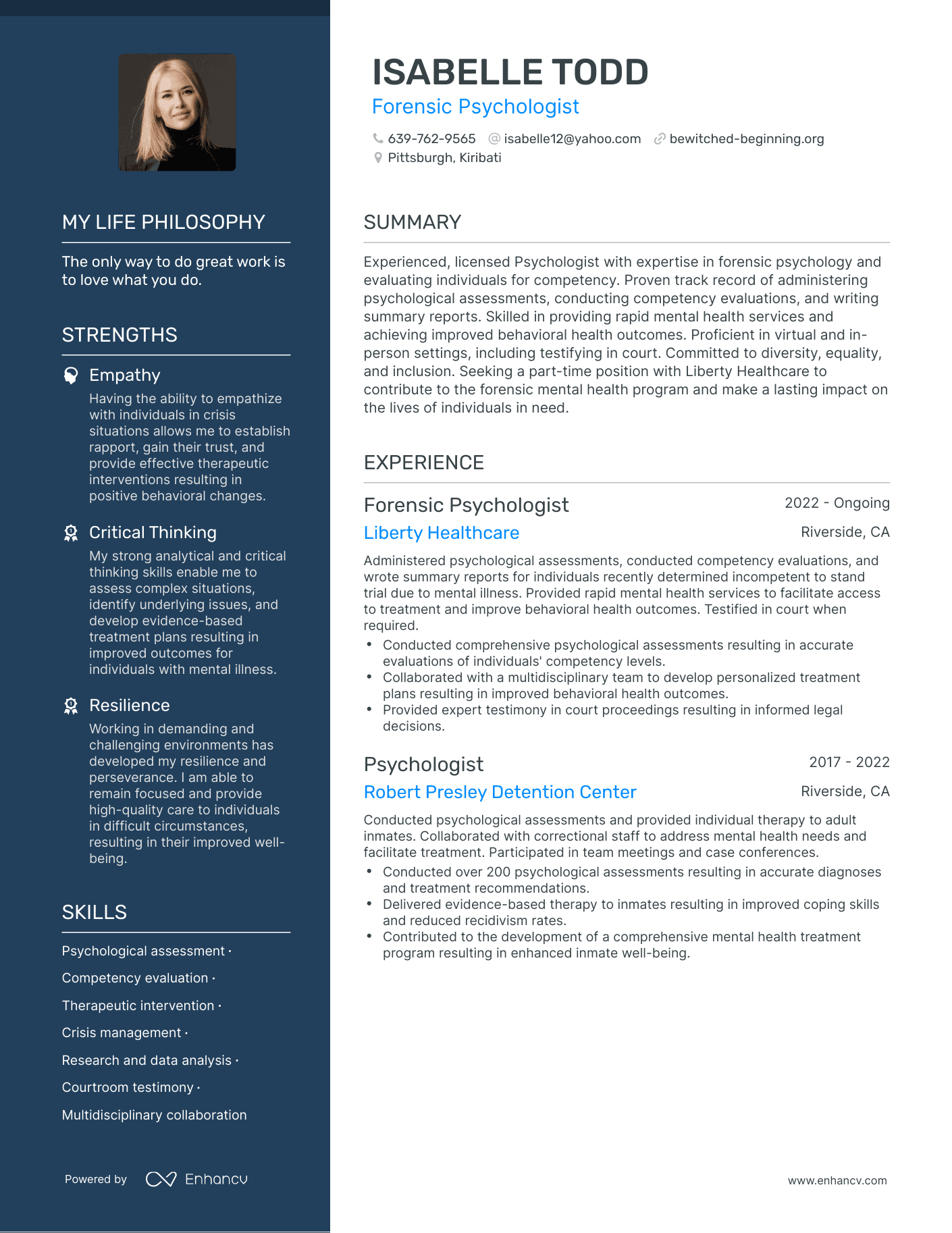 Creative Forensic Psychologist Resume Example