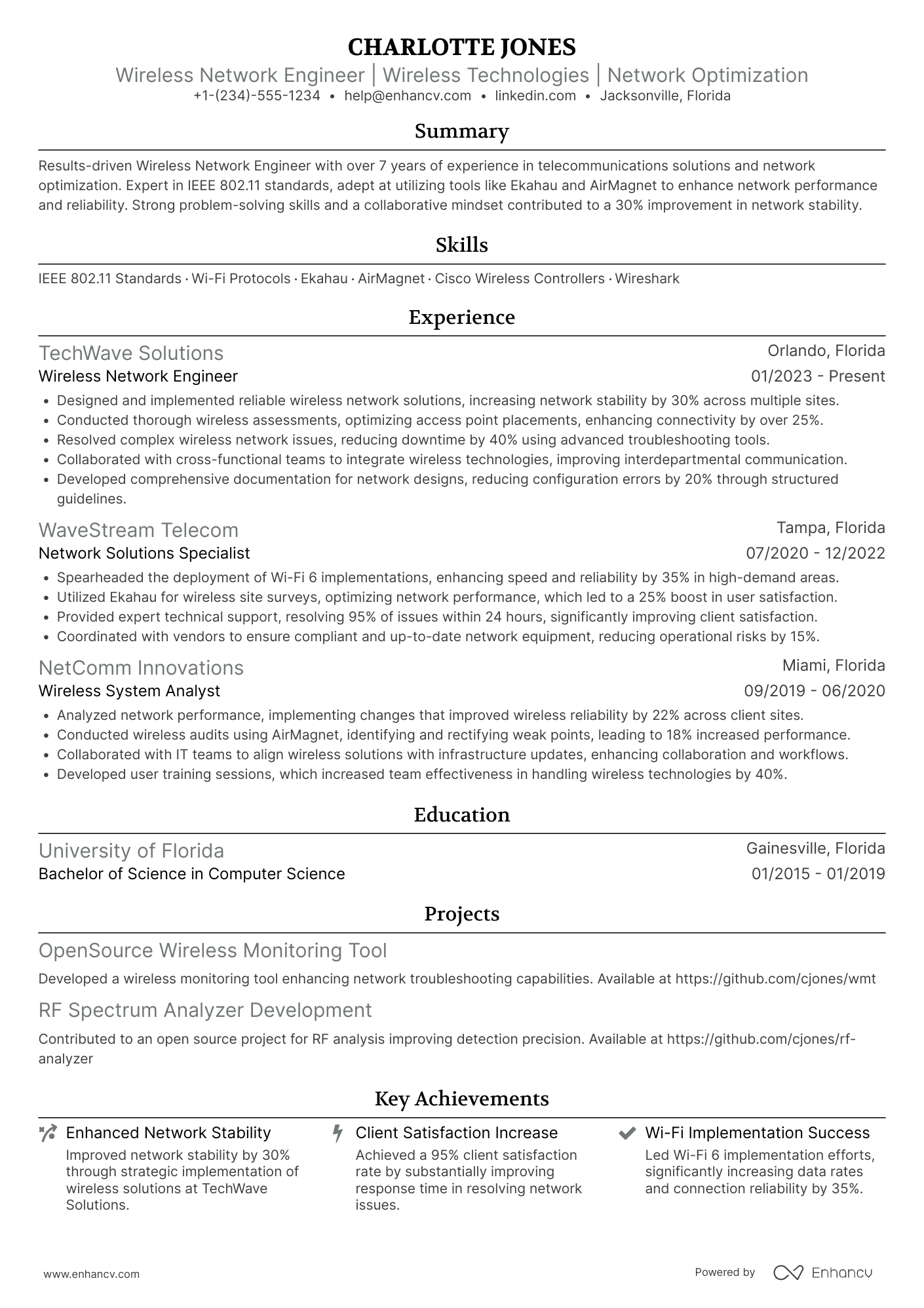 Wireless Network Engineer resume example