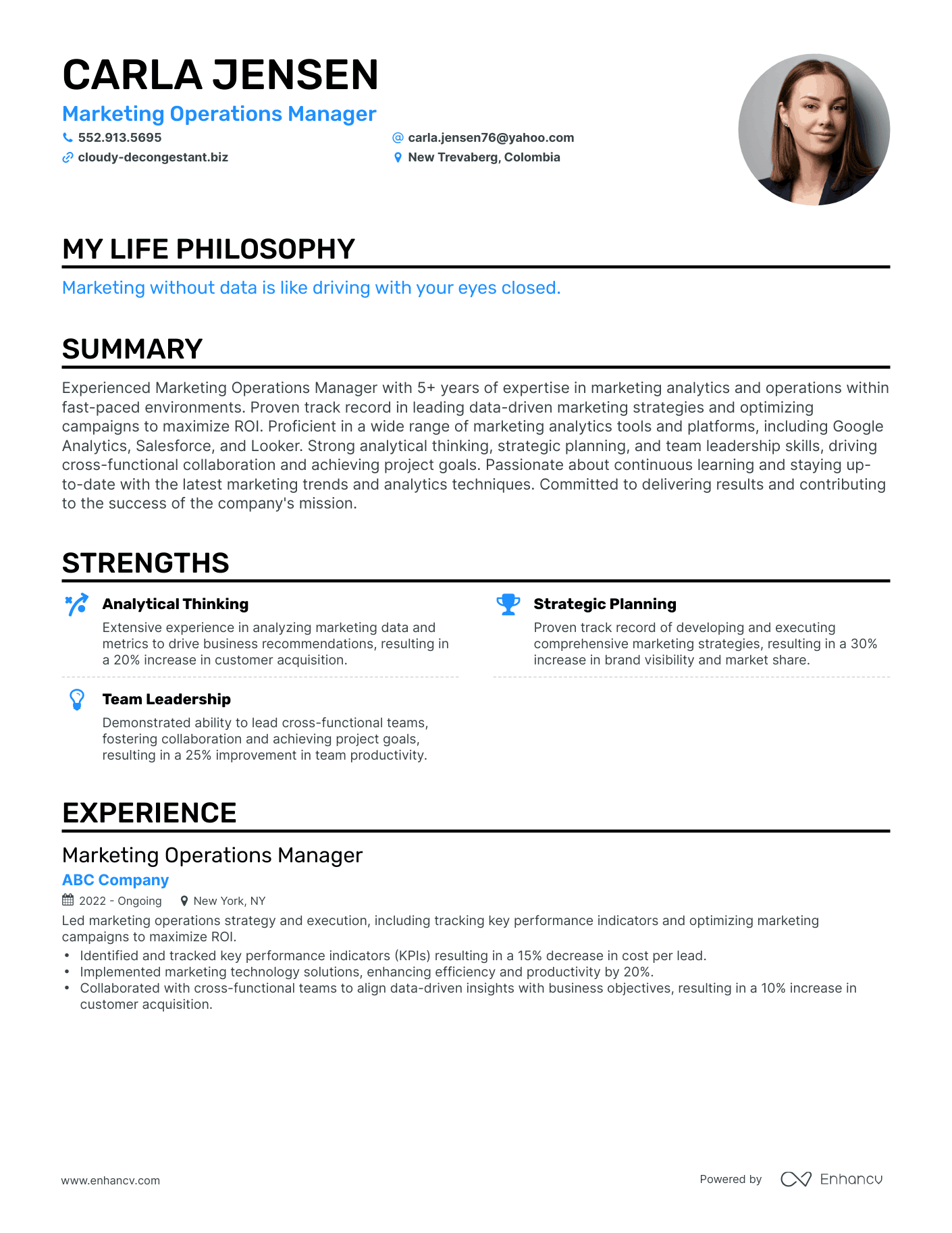 Creative Marketing Operations Manager Resume Example