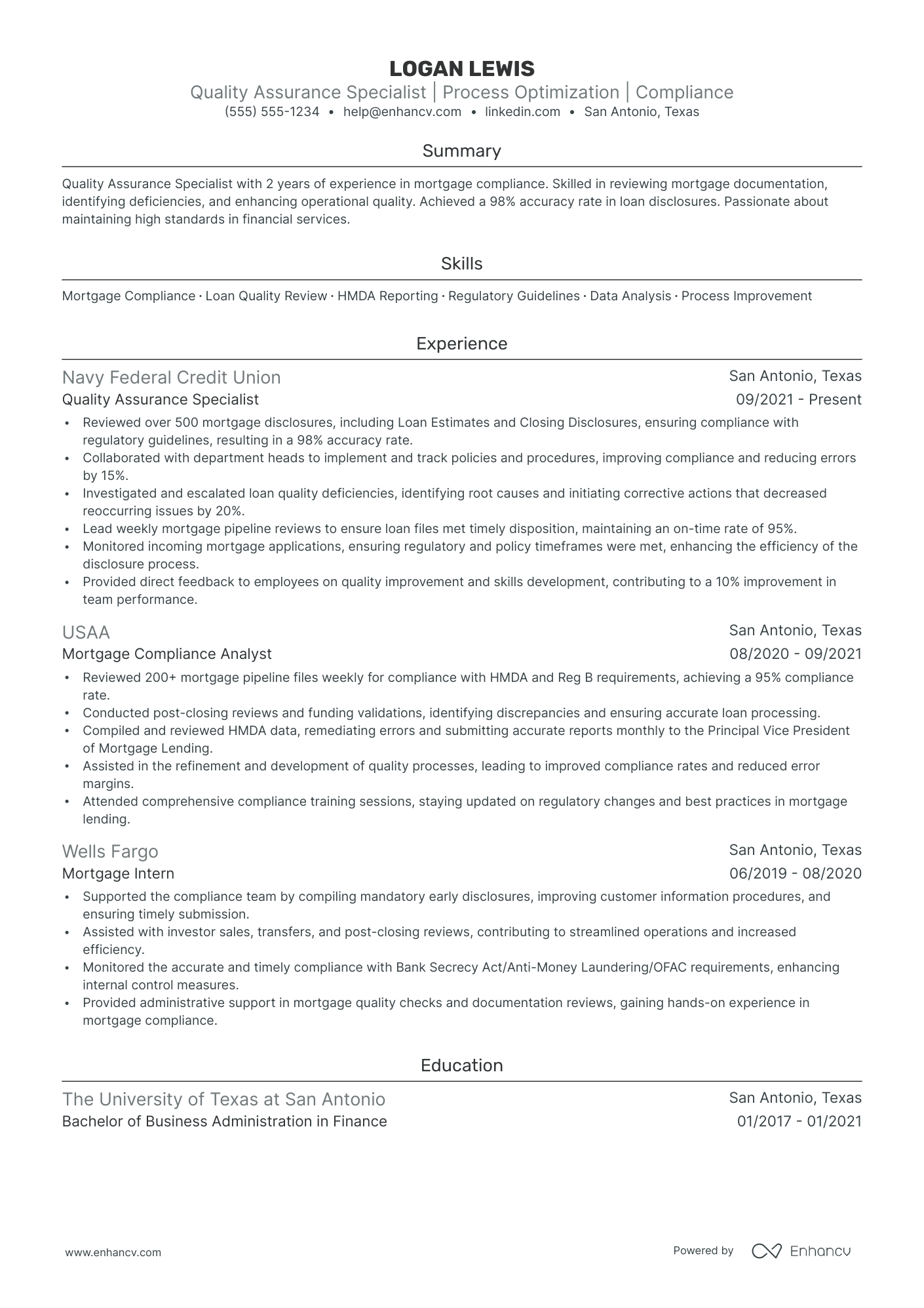 Quality Assurance resume example