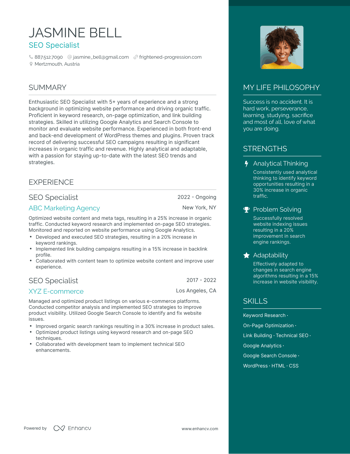 Modern SEO Specialist Resume Example