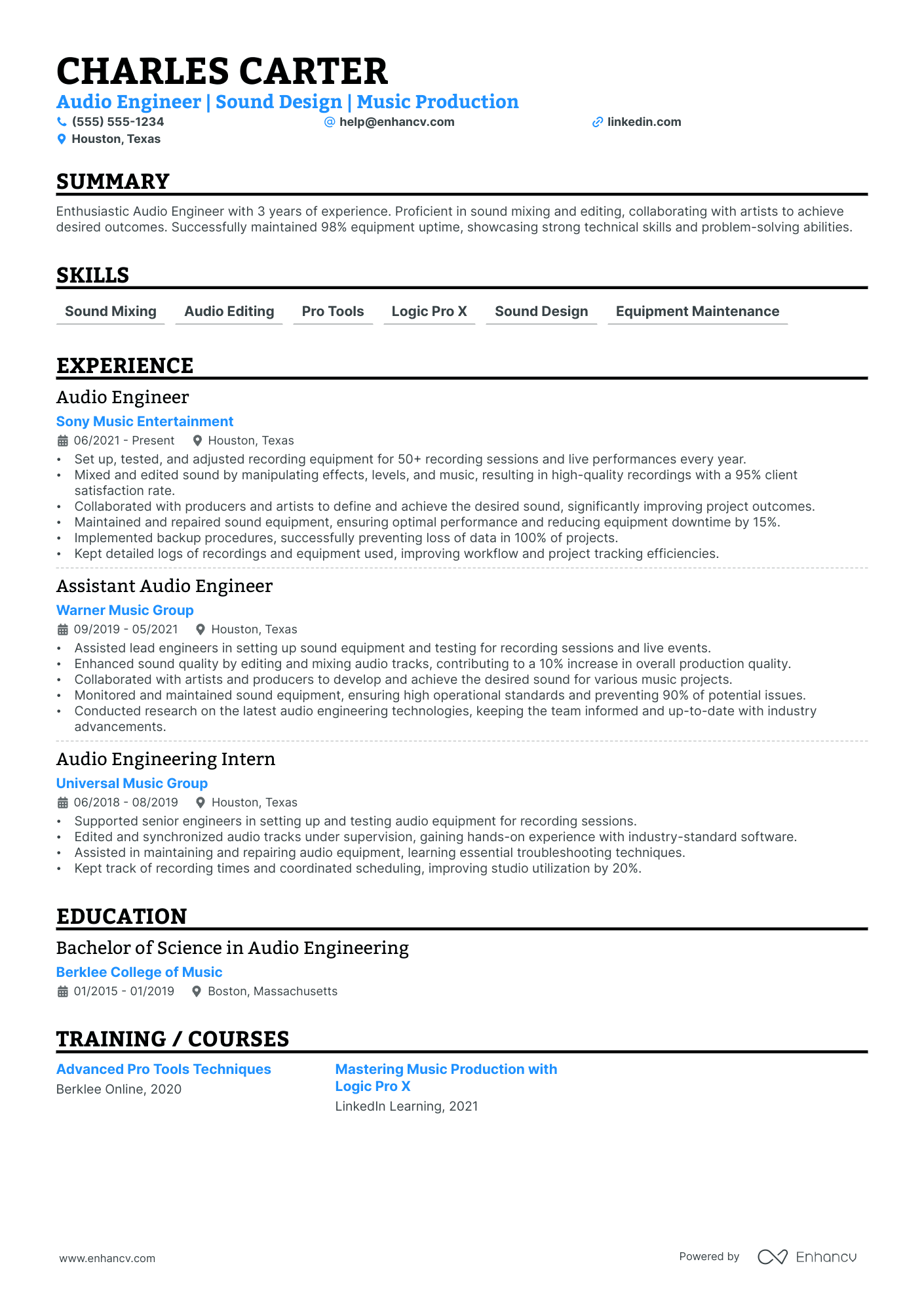 Audio Mastering Engineer resume example