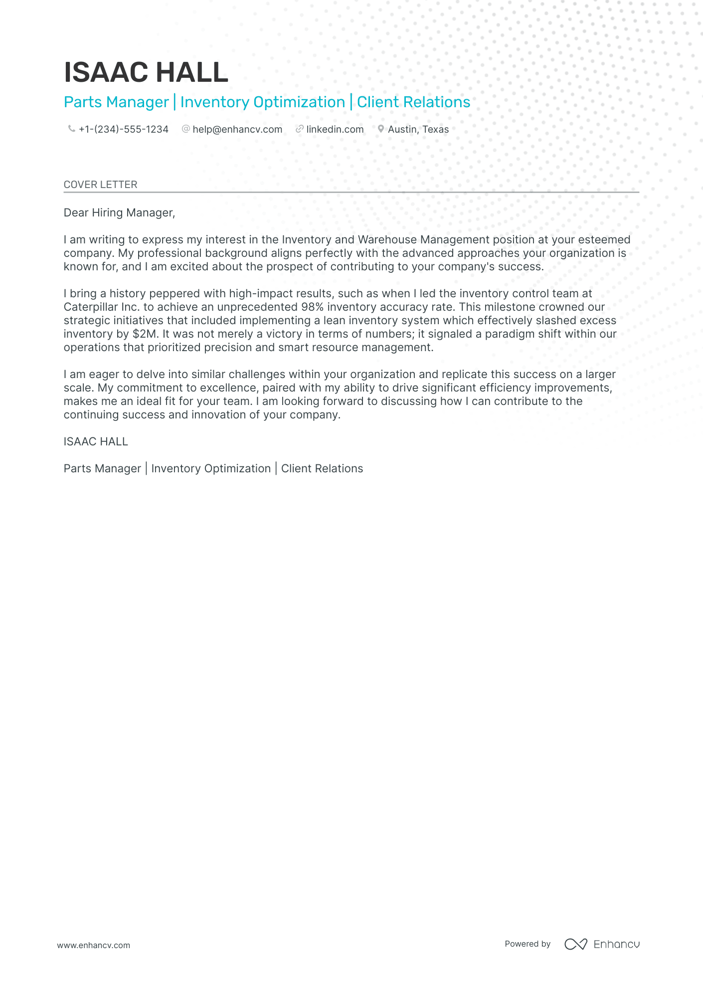Parts Manager cover letter
