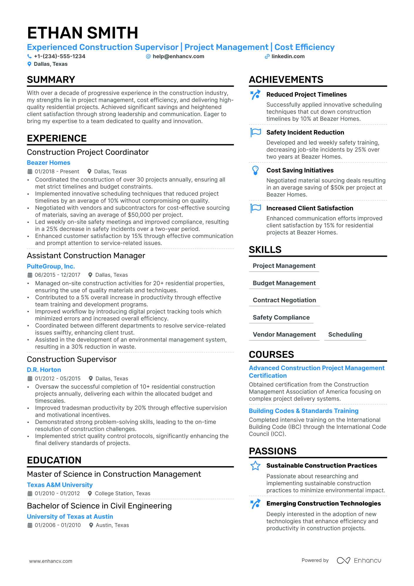 Construction Manager resume example