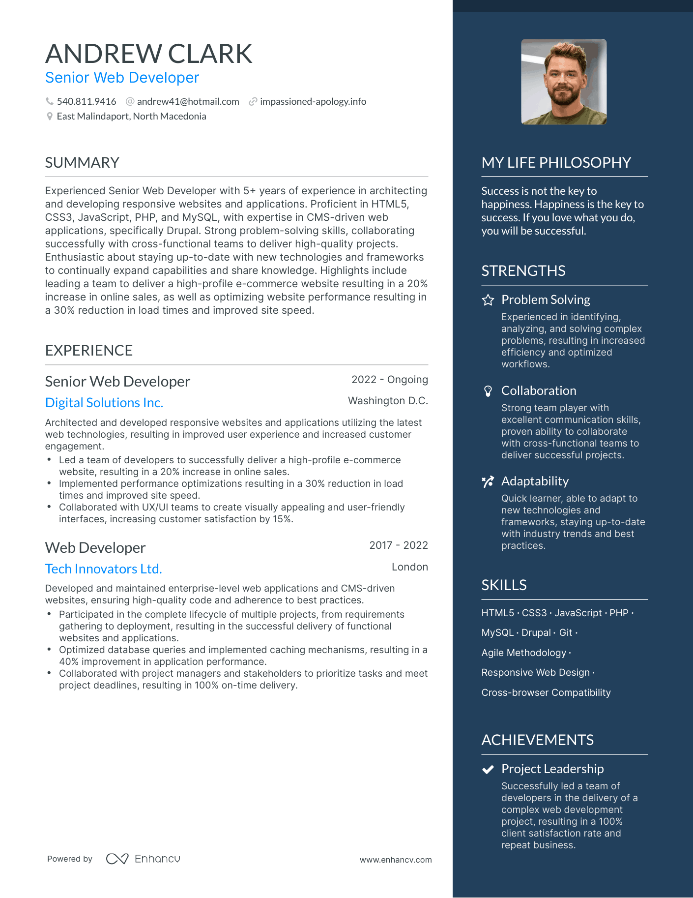 Senior Web Developer resume example