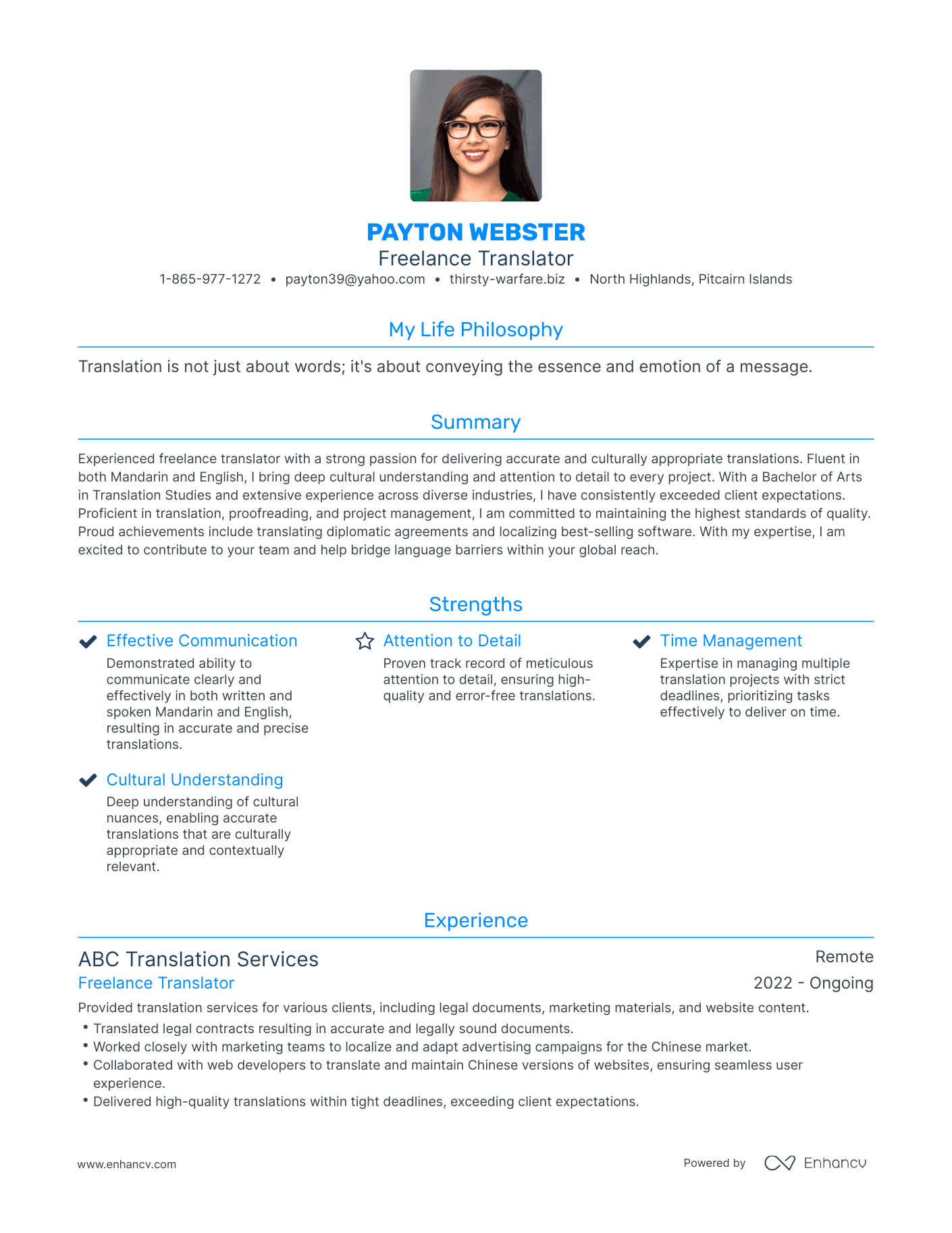 Modern Freelance Translator Resume Example