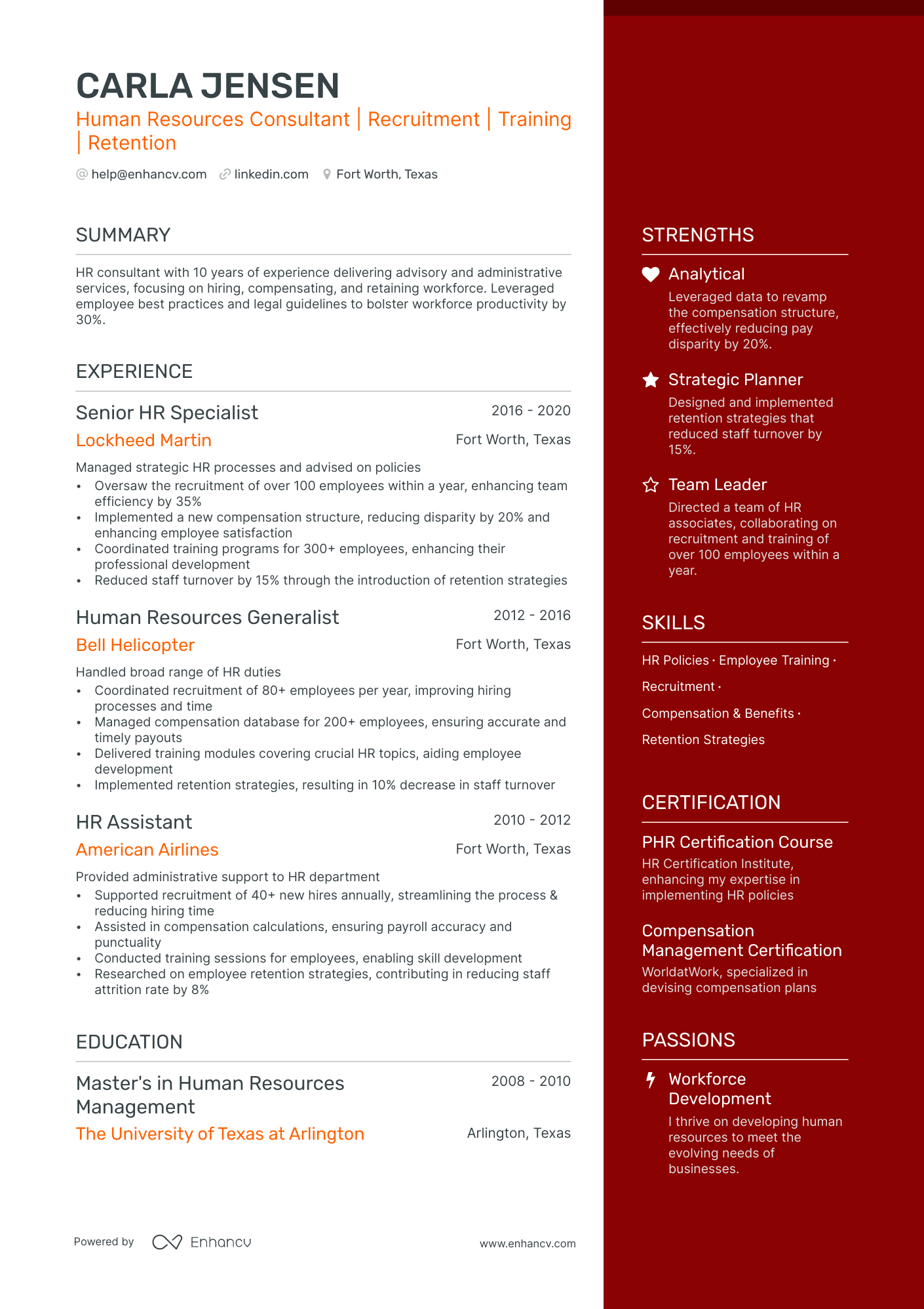 Human Resources Consultant resume example