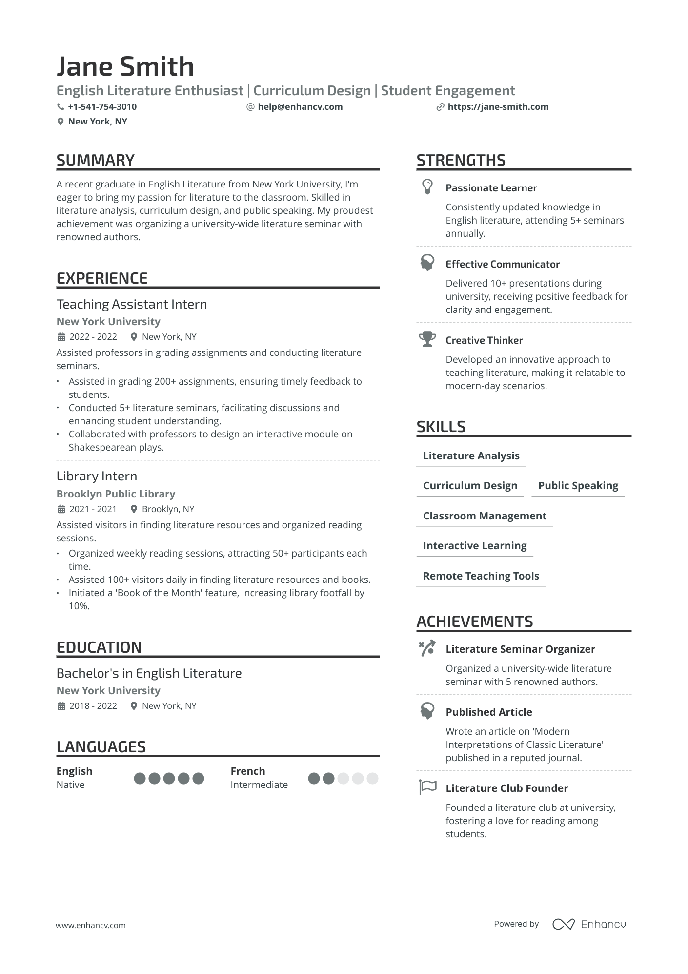 First Year Teacher resume example