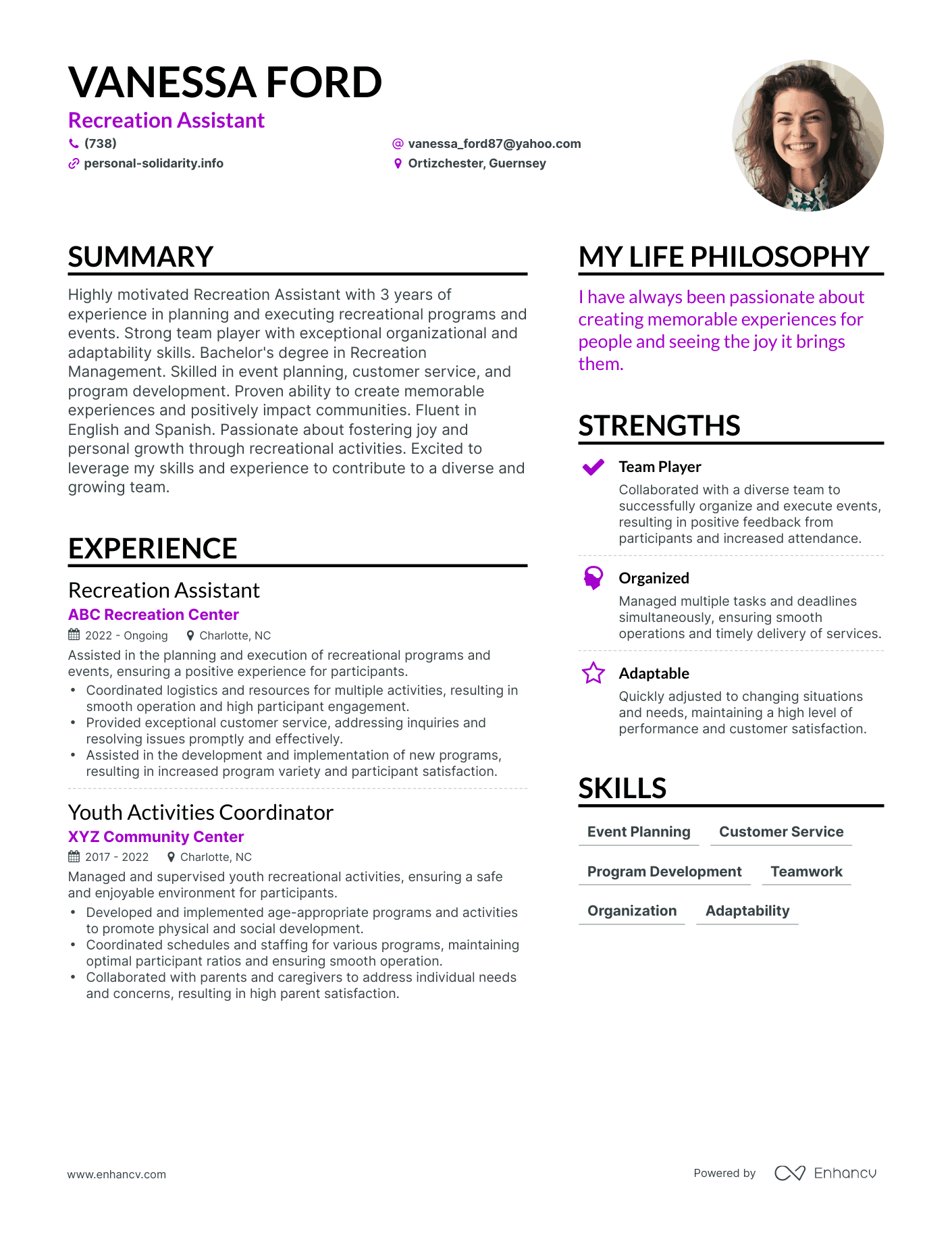 Recreation Assistant resume example