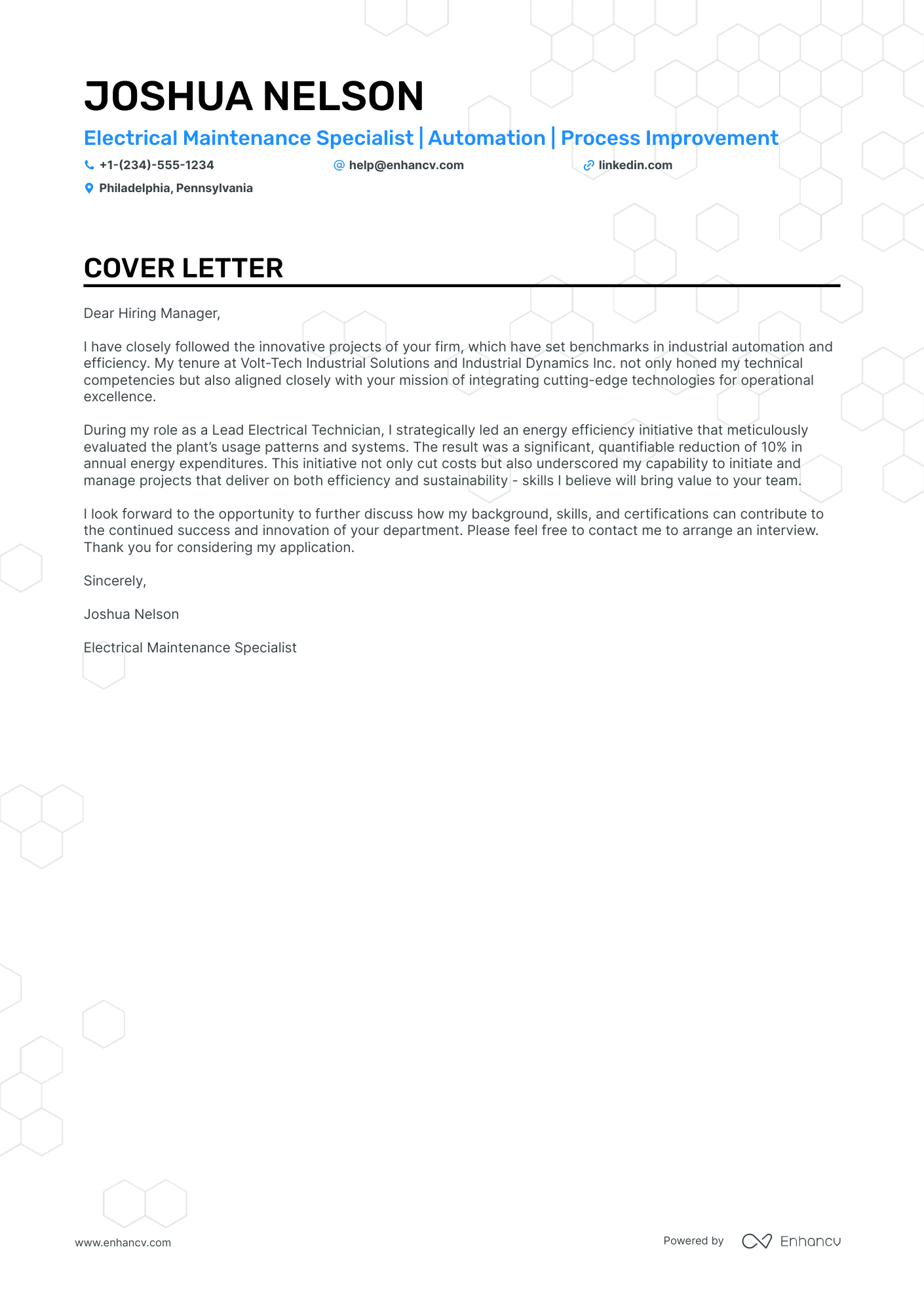 Electronic Technician cover letter