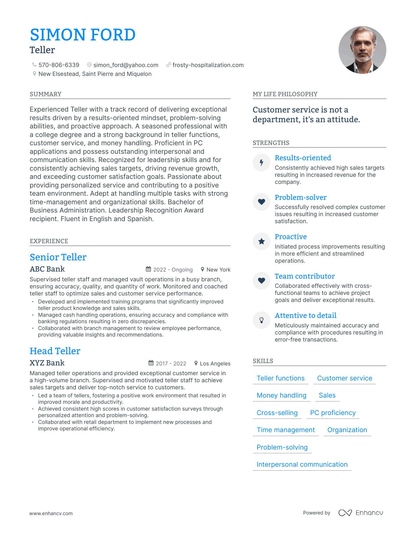 Teller resume example