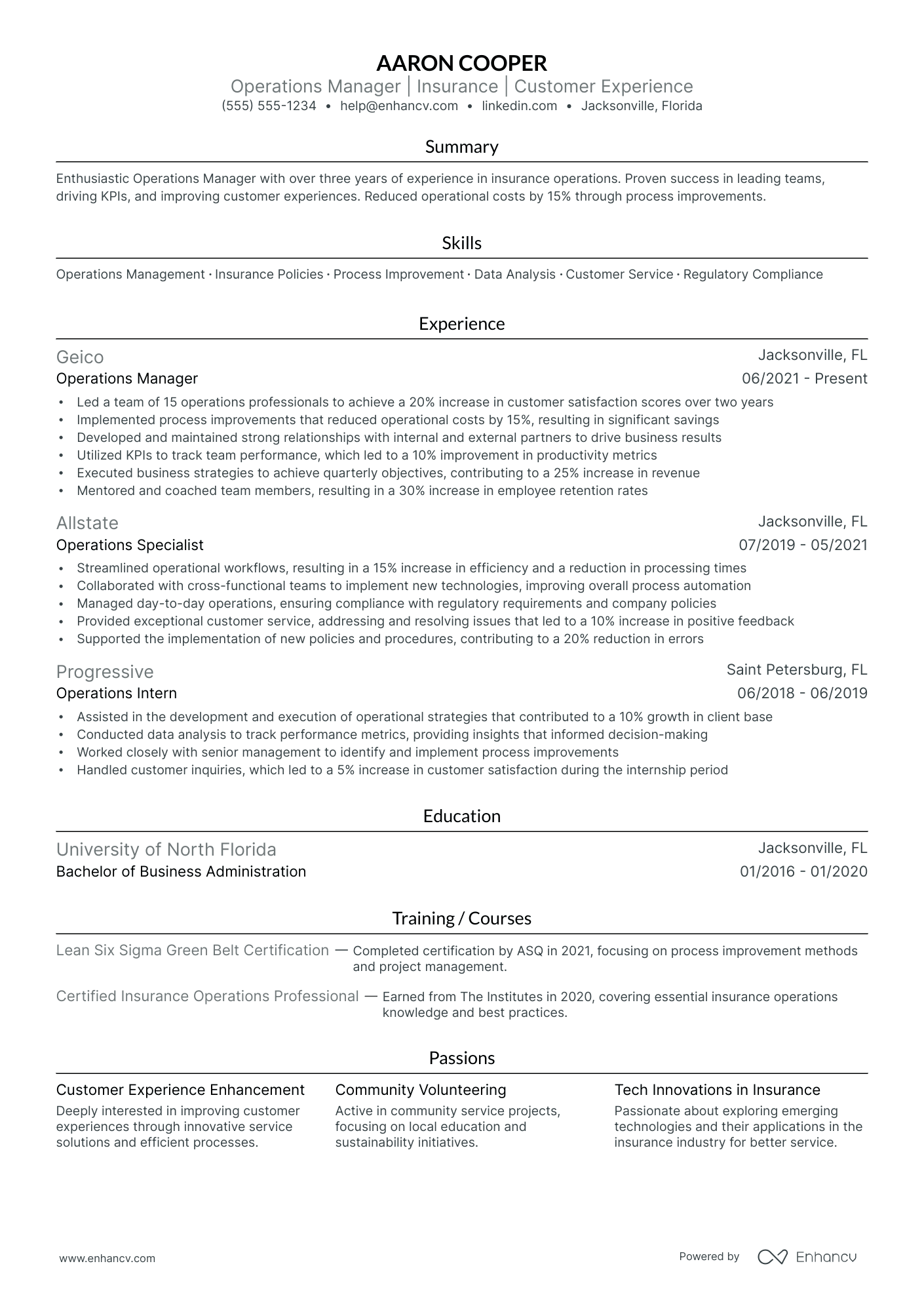 Service Operations Manager resume example