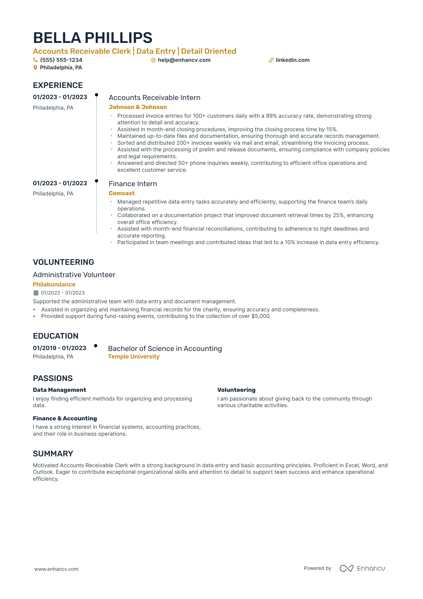 Entry-level Accounts Receivable Clerk resume example