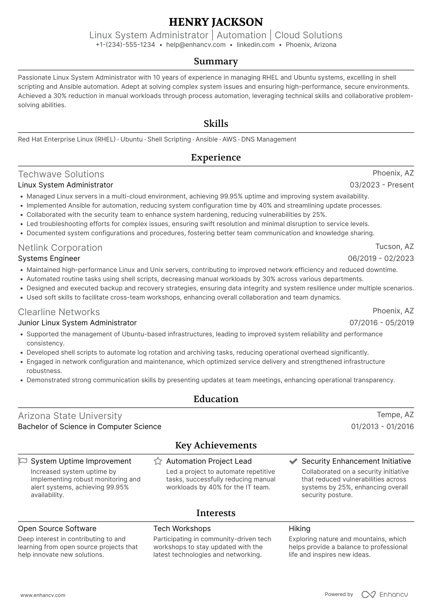 Linux System Administrator resume example