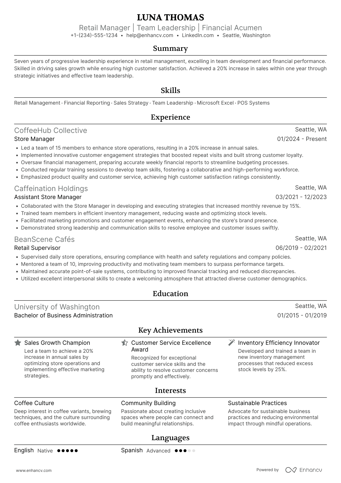 Starbucks Store Manager resume example