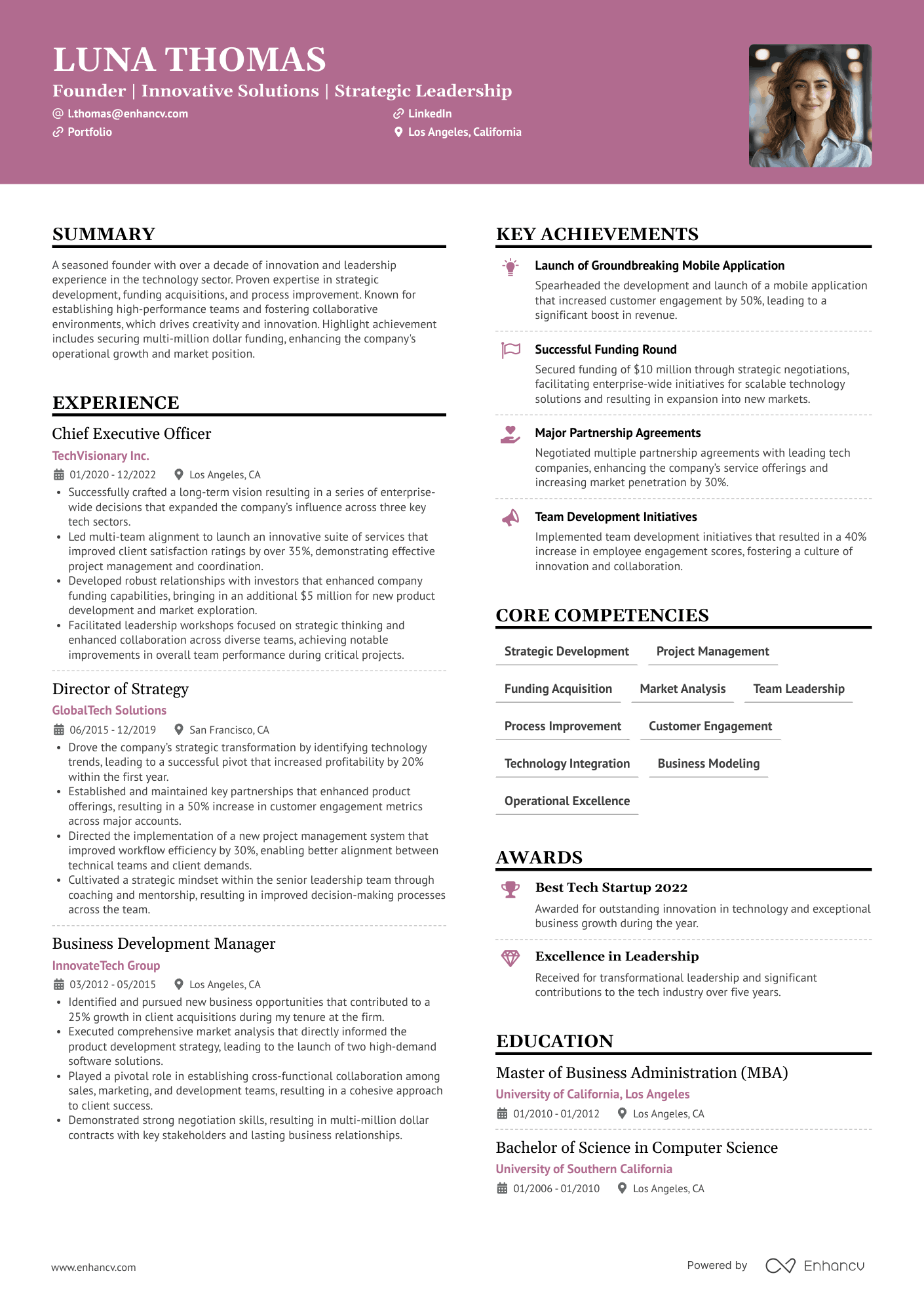 Creative ATS resume template example featuring a bold pink header, engaging layout, and placeholder text.