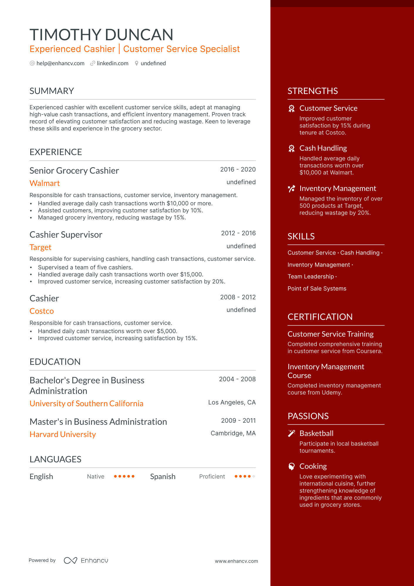 Grocery Store Cashier resume example