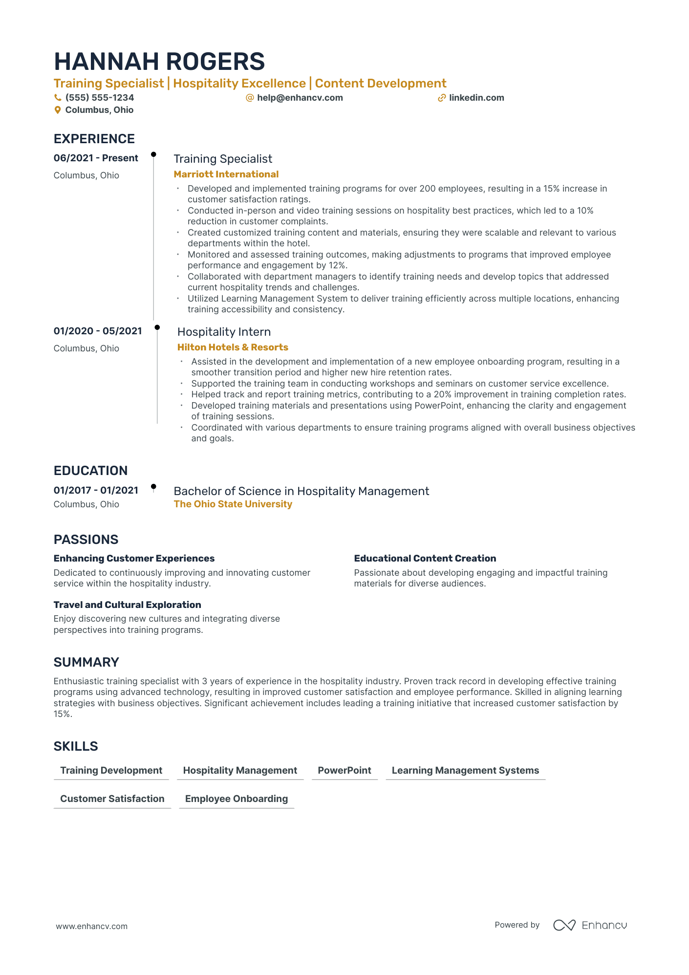 Hospitality Training Specialist resume example