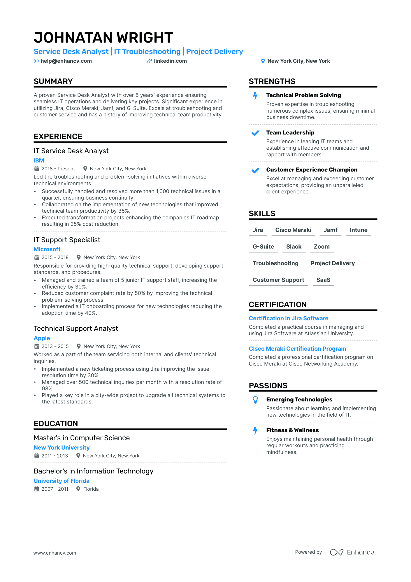 Service Desk Analyst resume example