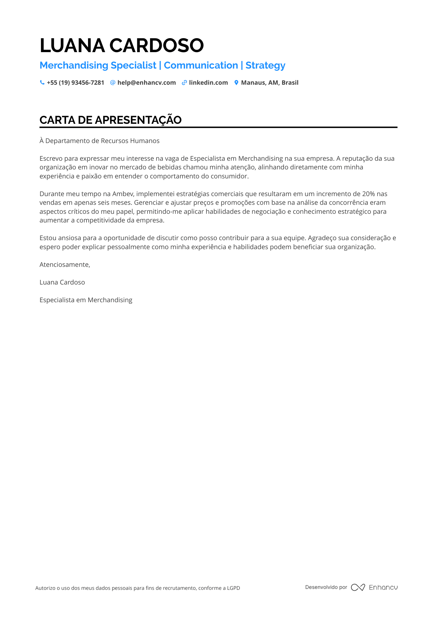 Promotor de Vendas Carta de apresentação