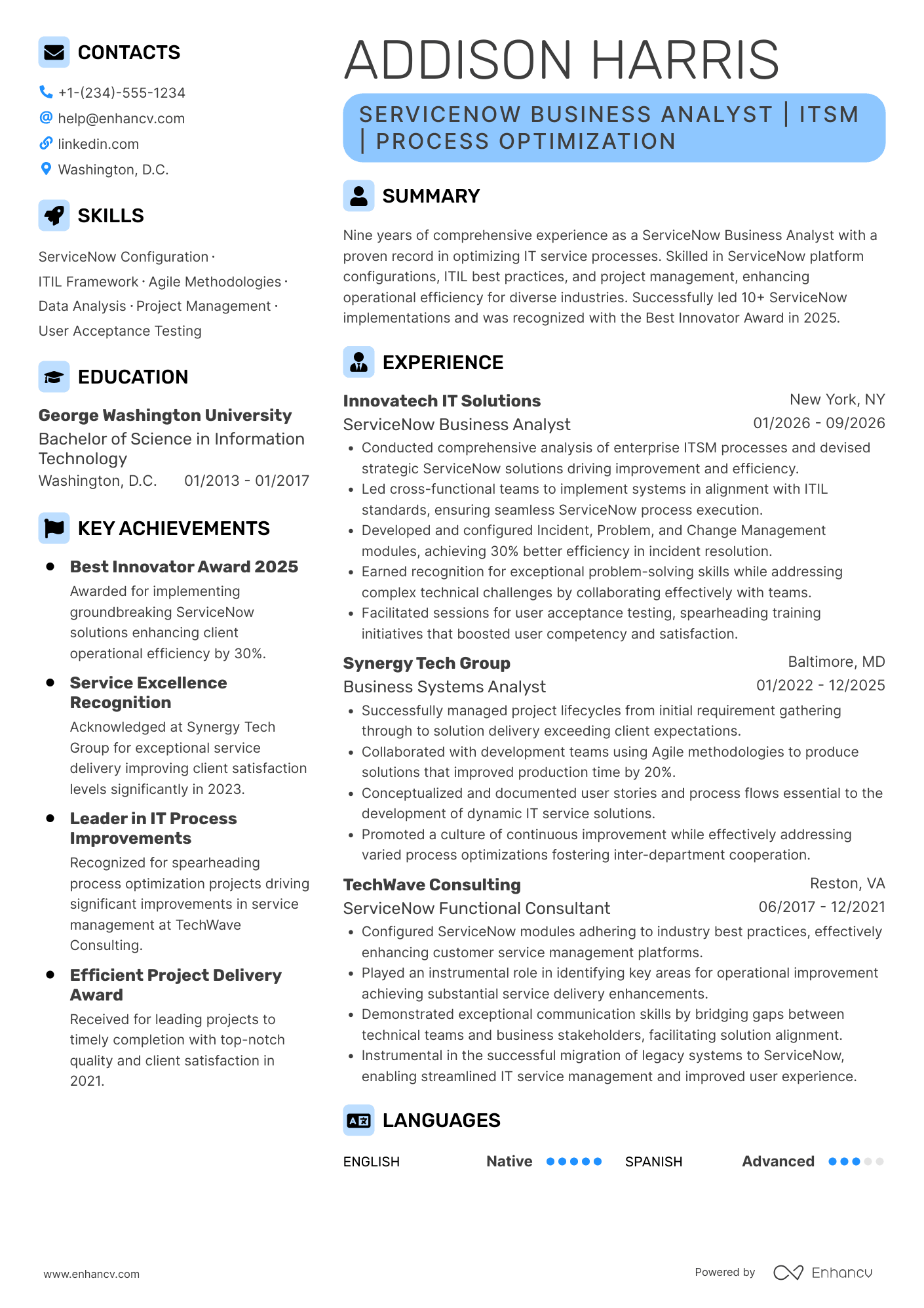 Servicenow Business Analyst resume example
