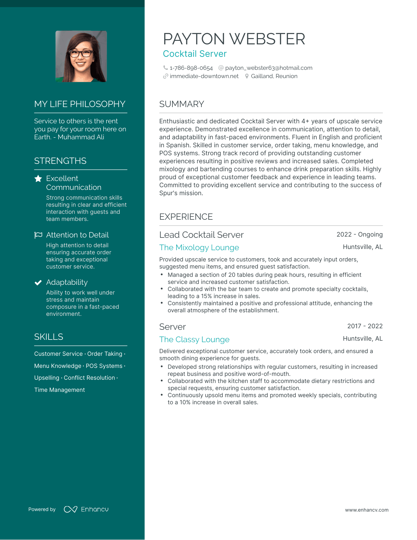 Cocktail Server resume example