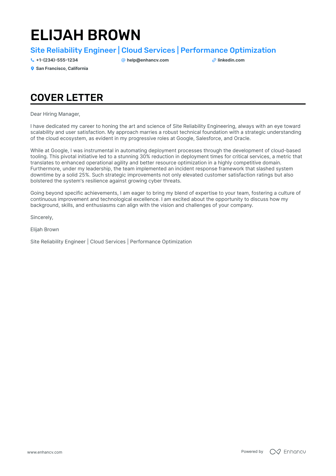 Site Reliability Engineer cover letter