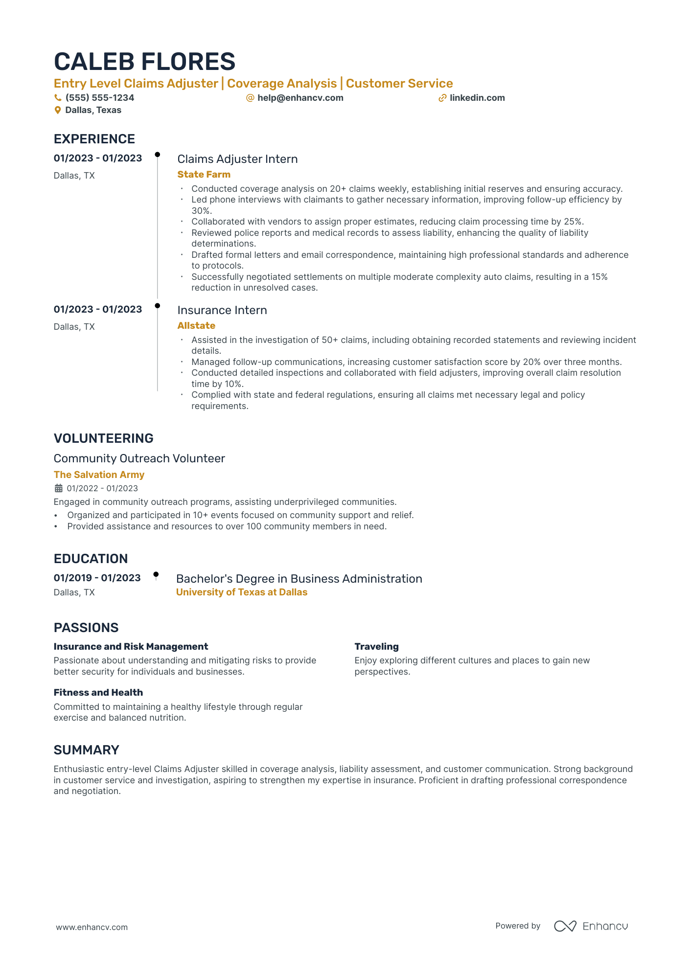 Entry-Level Claim Adjuster resume example