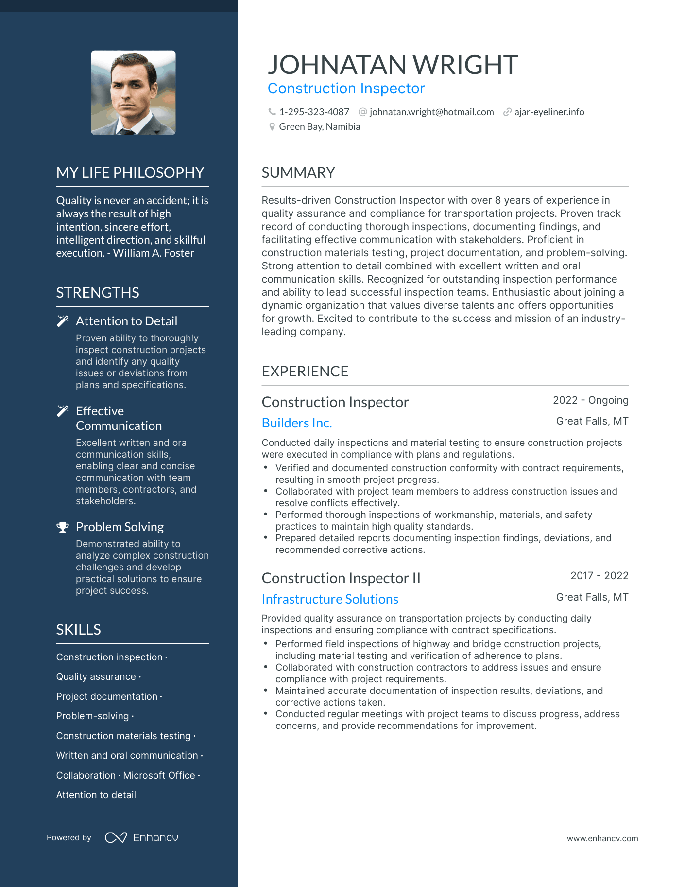 Construction Inspector resume example