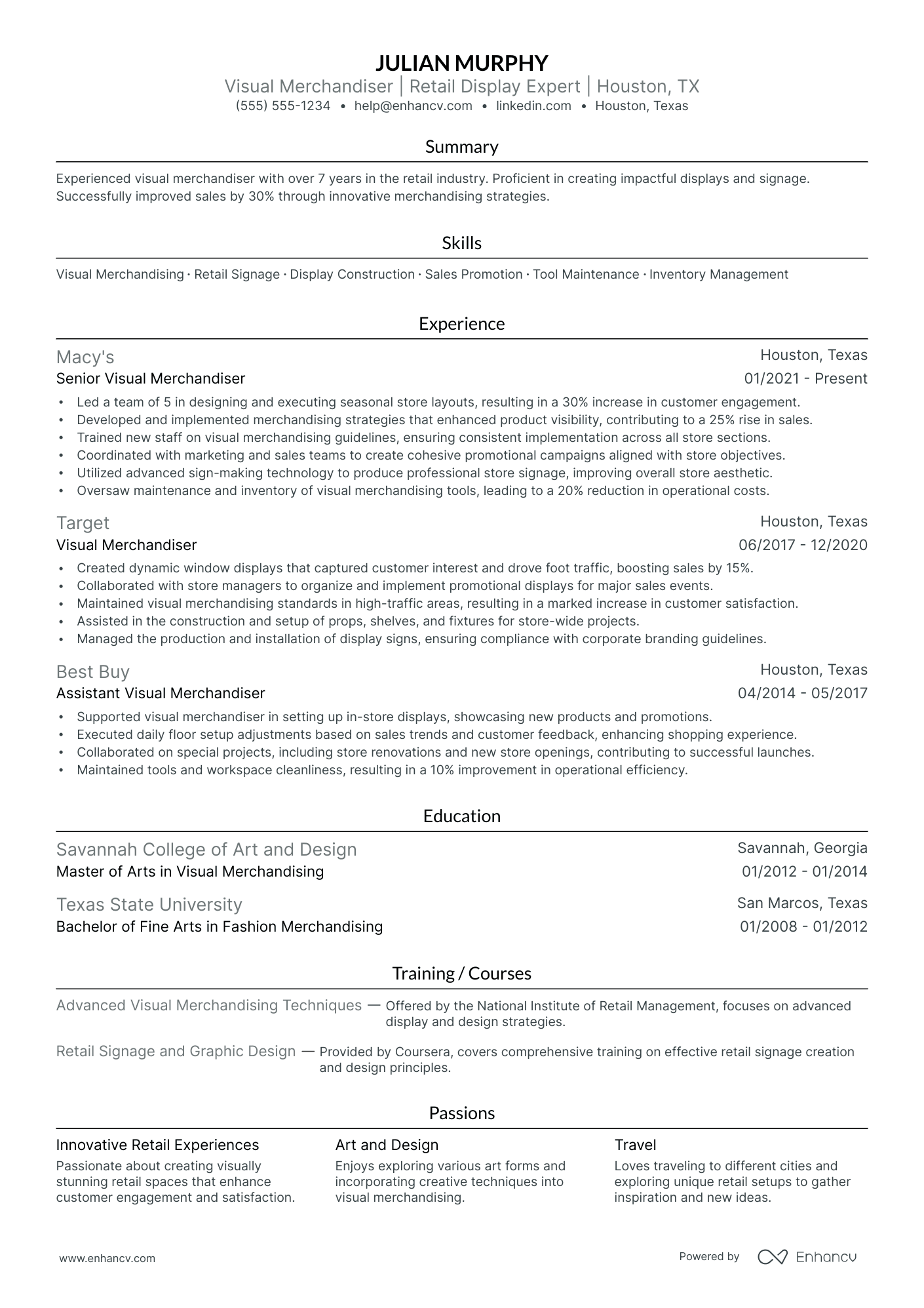 Junior Visual Merchandiser resume example