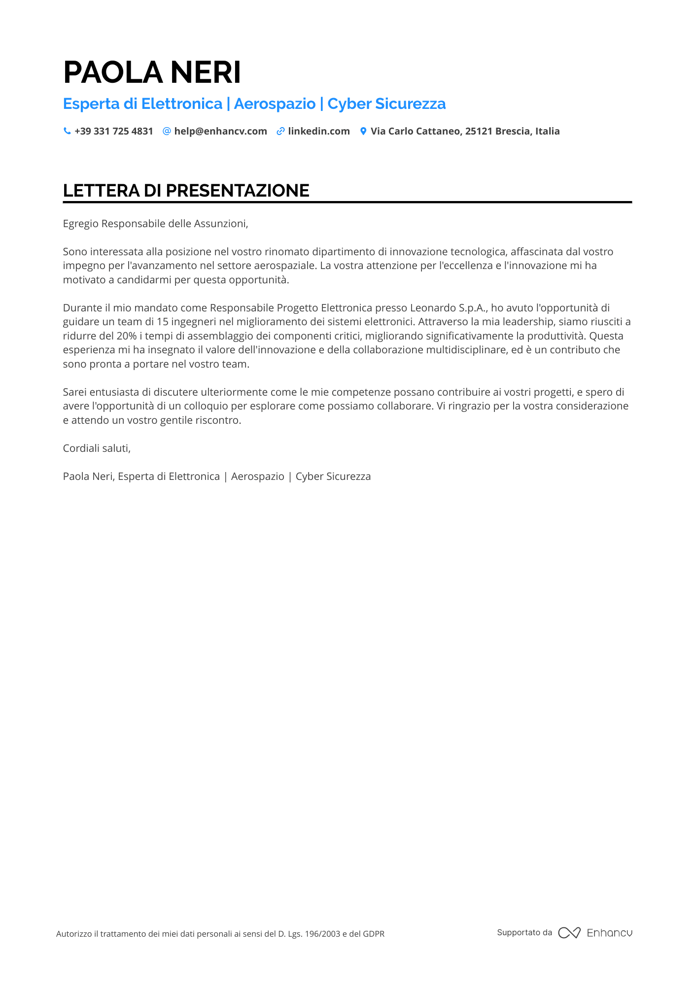 Product Manager Lettera di presentazione