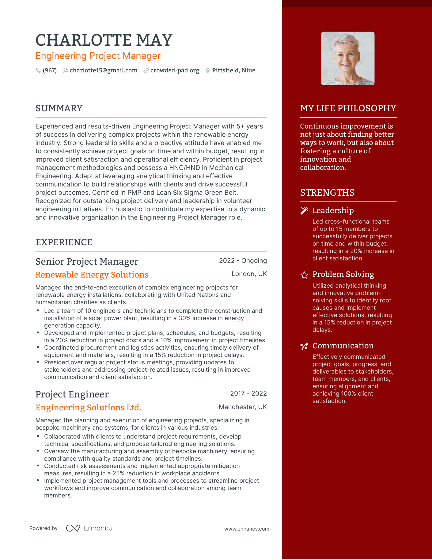 Modern Engineering Project Manager Resume Example