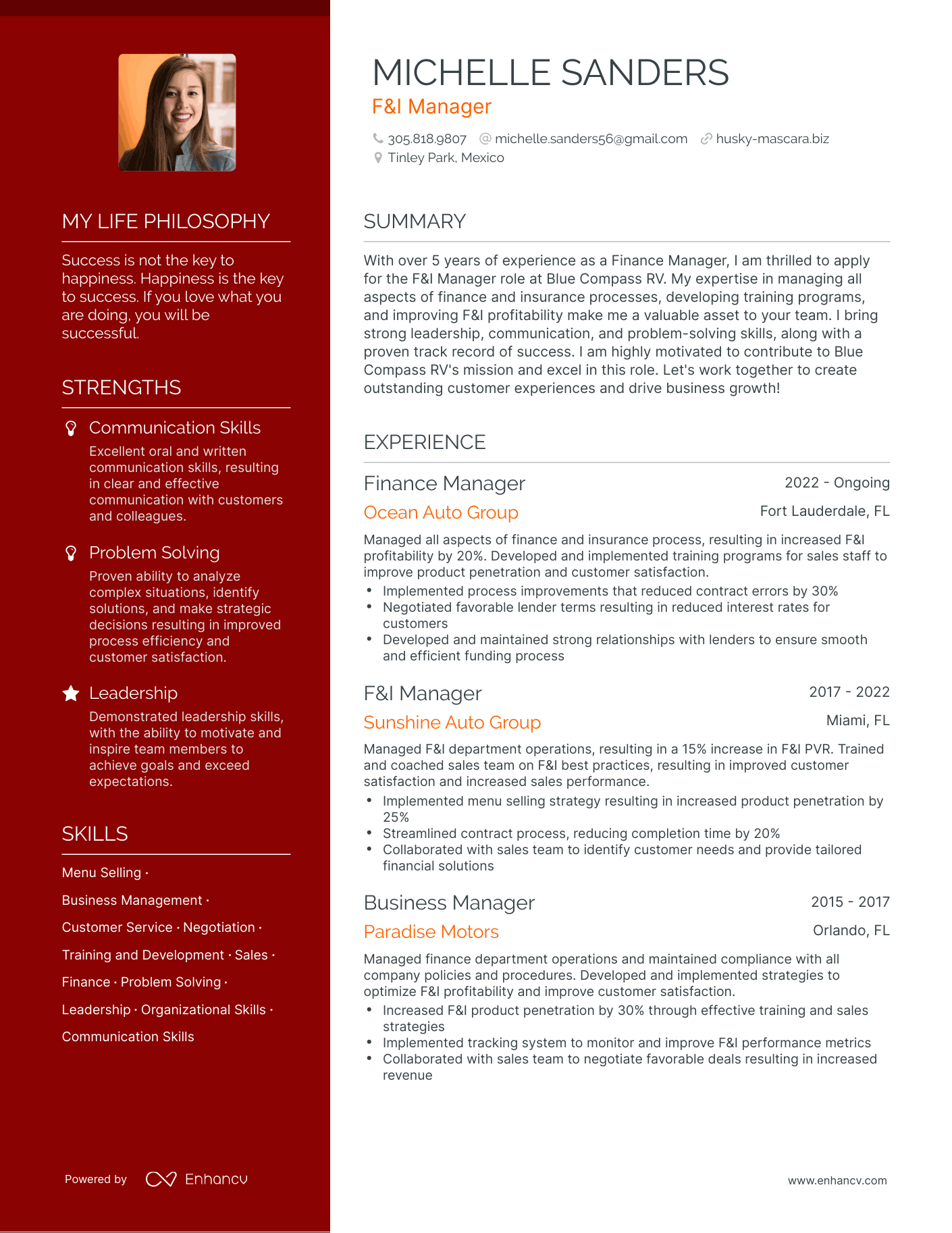 Creative F&I Manager Resume Example