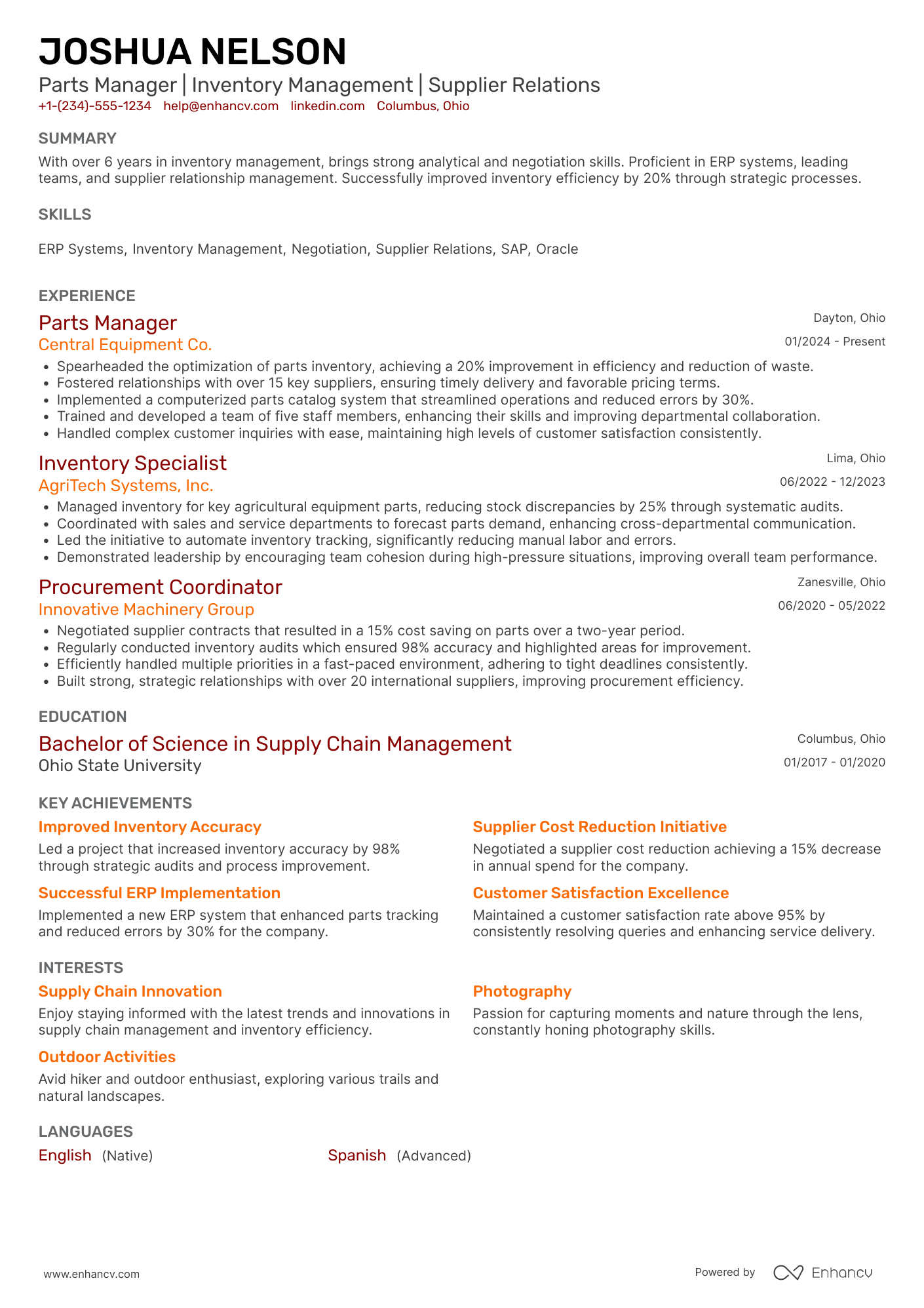 Parts Manager resume example