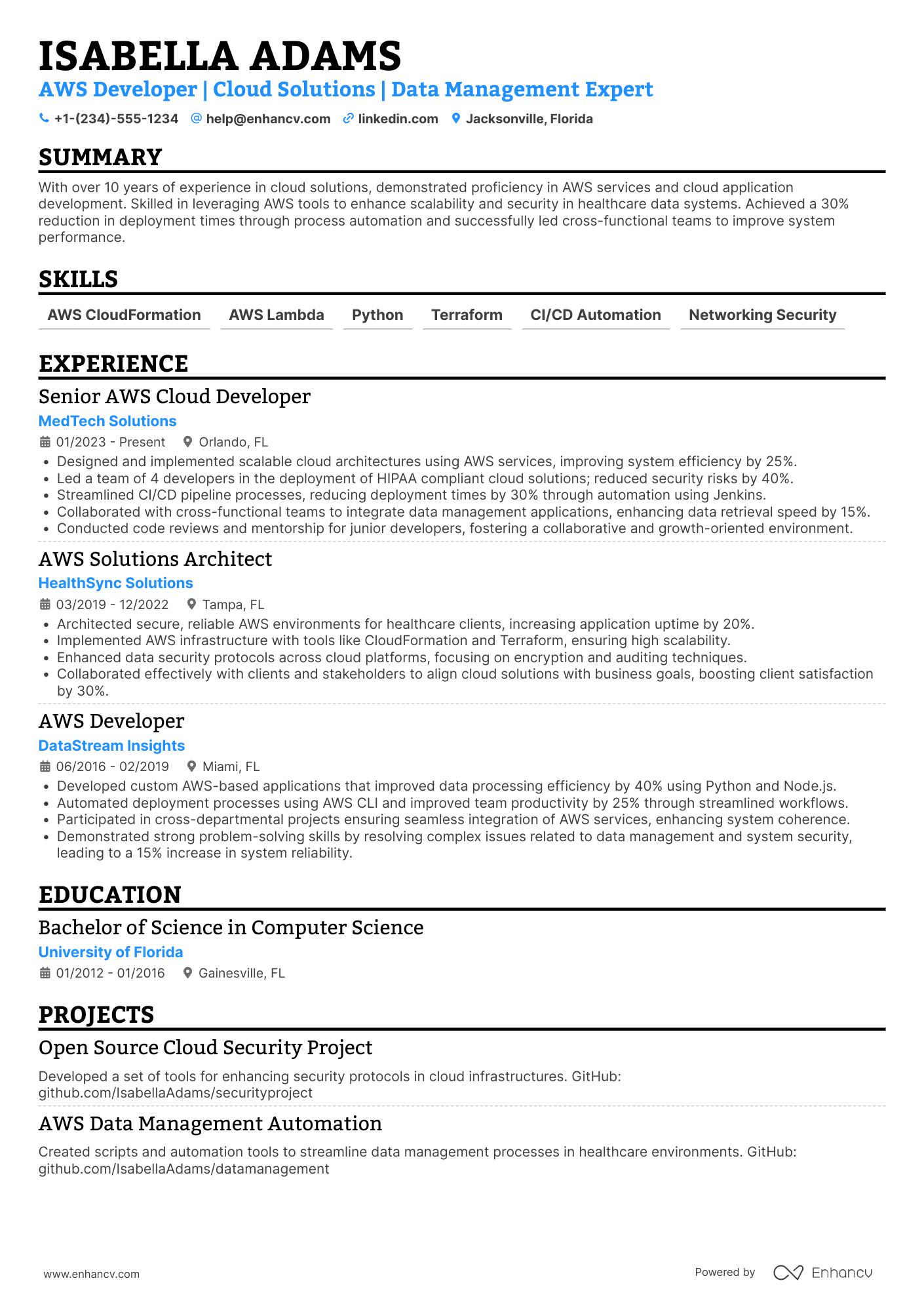 AWS Developer resume example