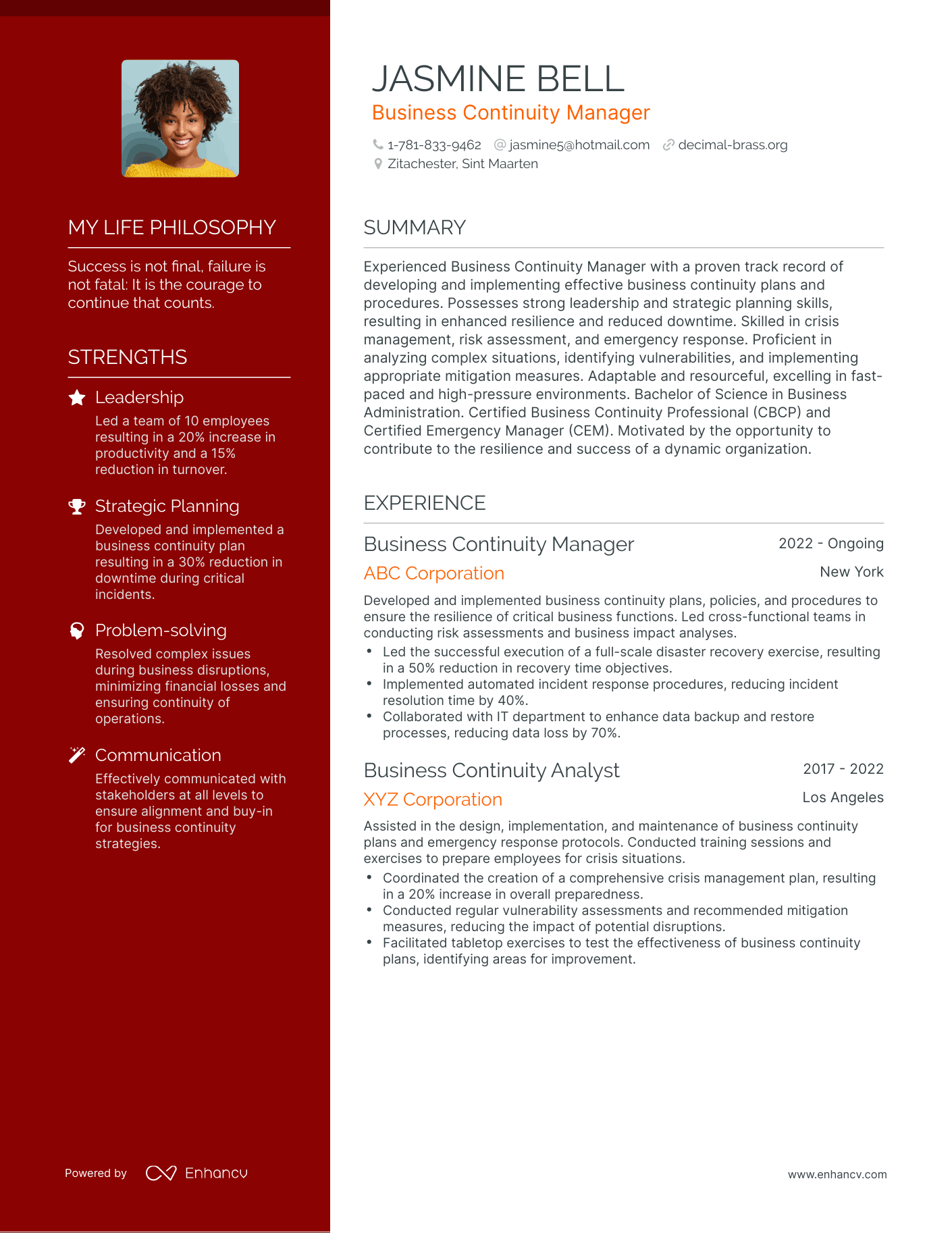 Creative Business Continuity Manager Resume Example