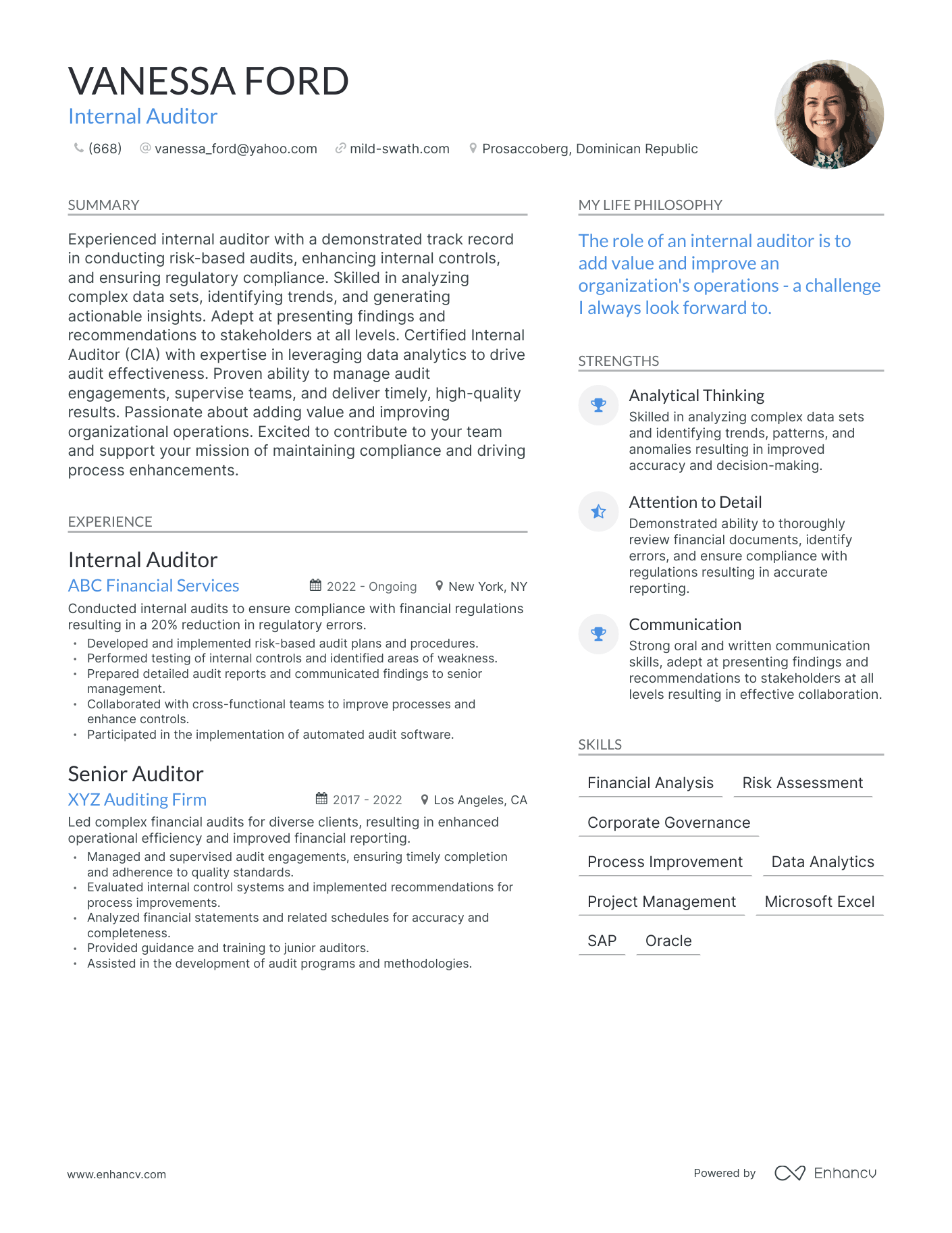 Internal Auditor resume example