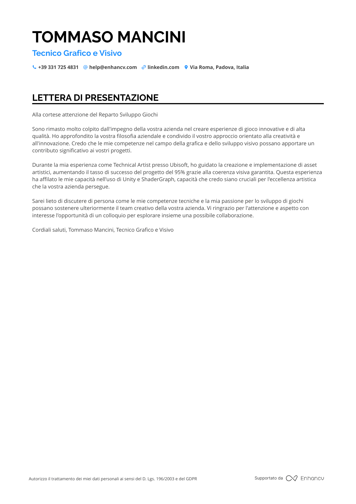 Artistico Lettera di presentazione
