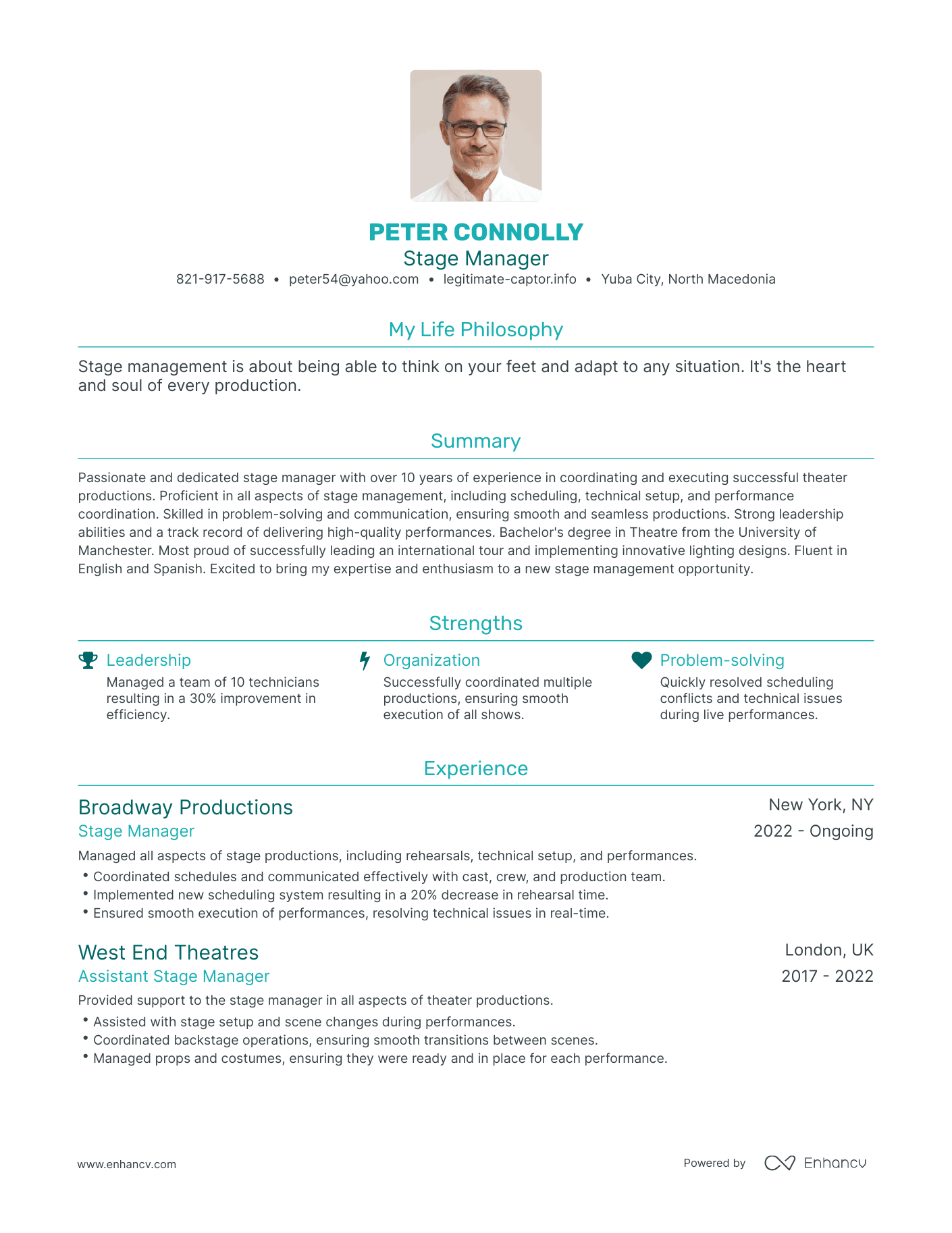 Modern Stage Manager Resume Example
