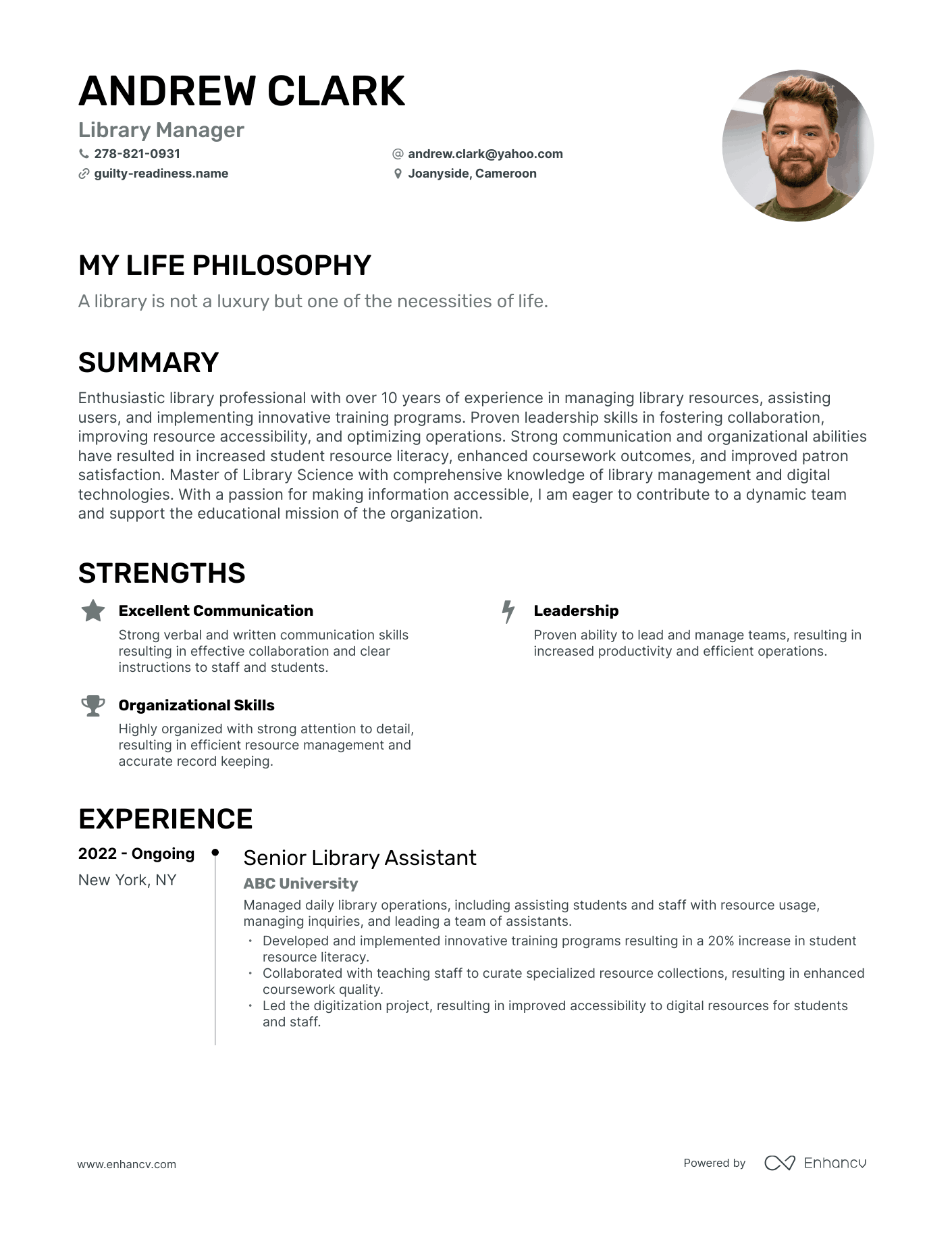 Creative Library Manager Resume Example