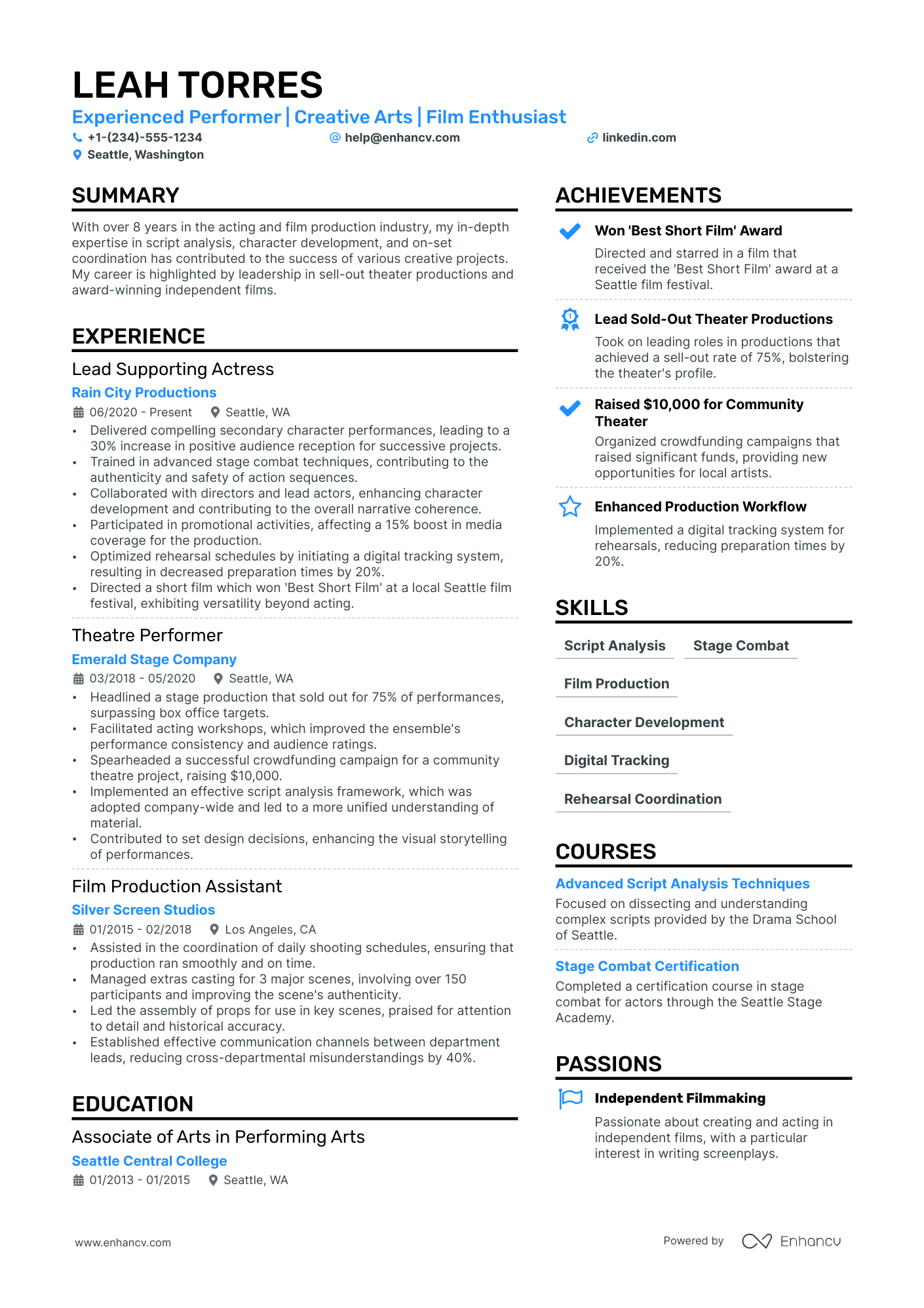 Background Actor resume example
