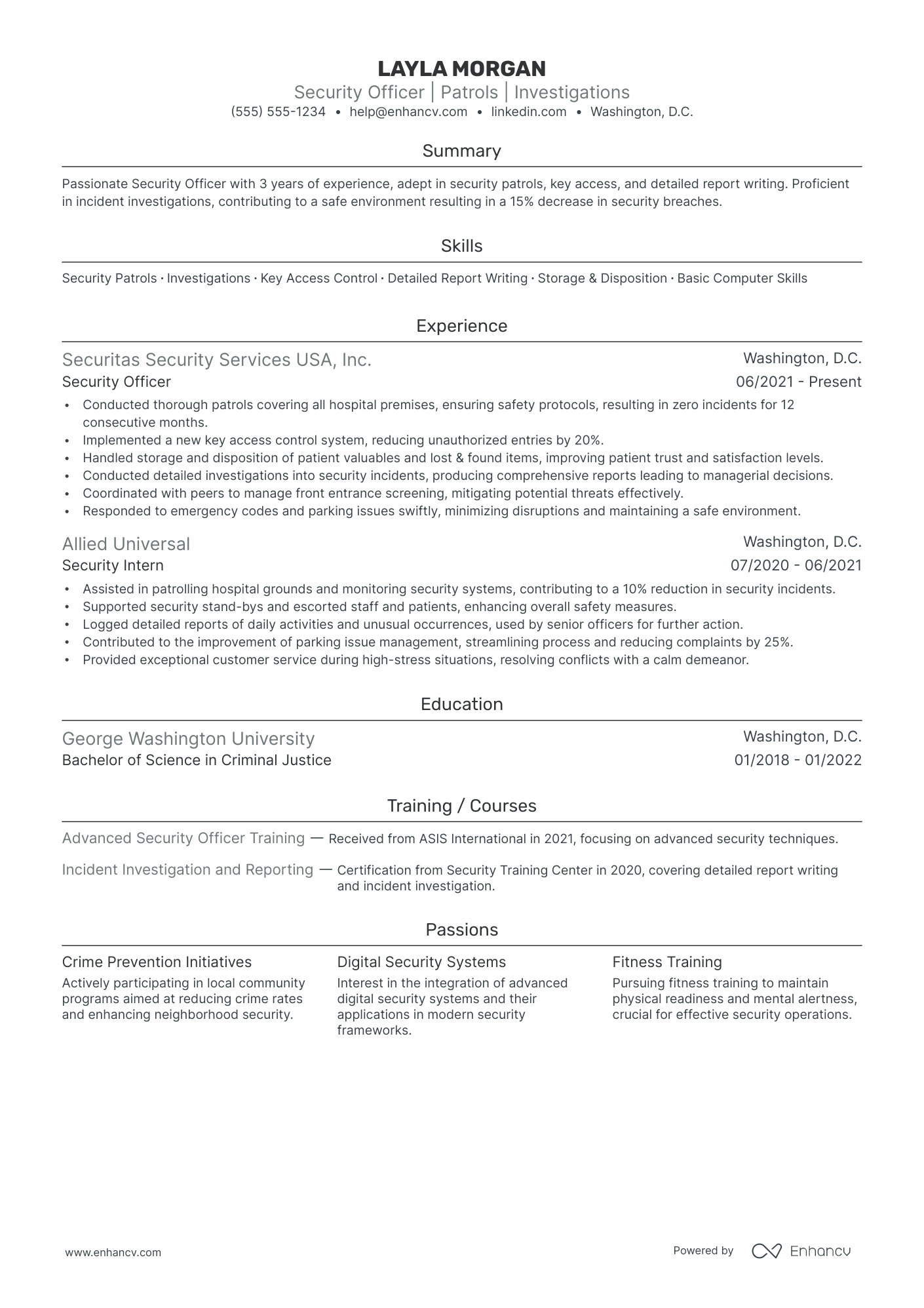 Night Shift Security Guard resume example