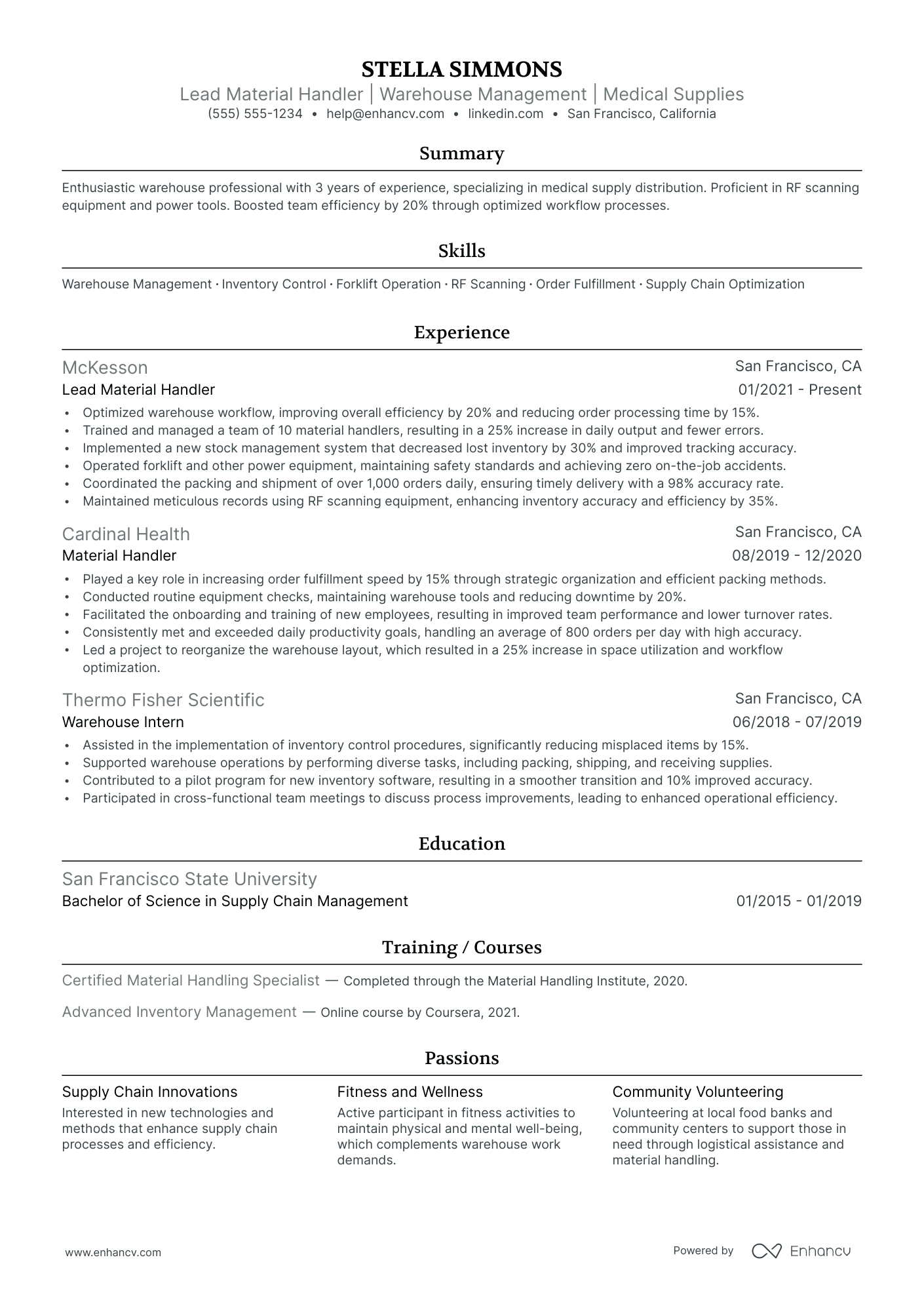 Lead Material Handler resume example