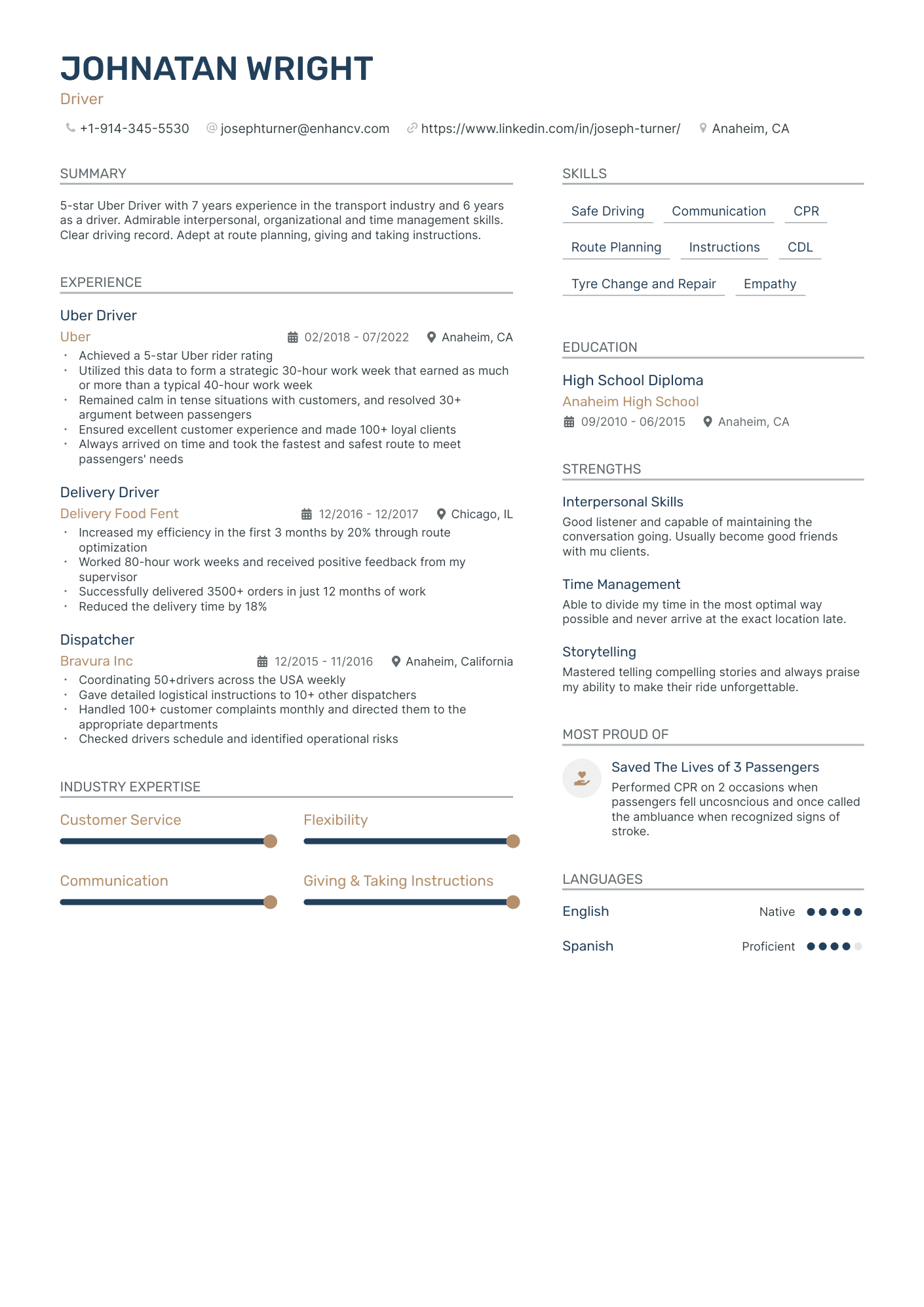 Uber Driver resume example