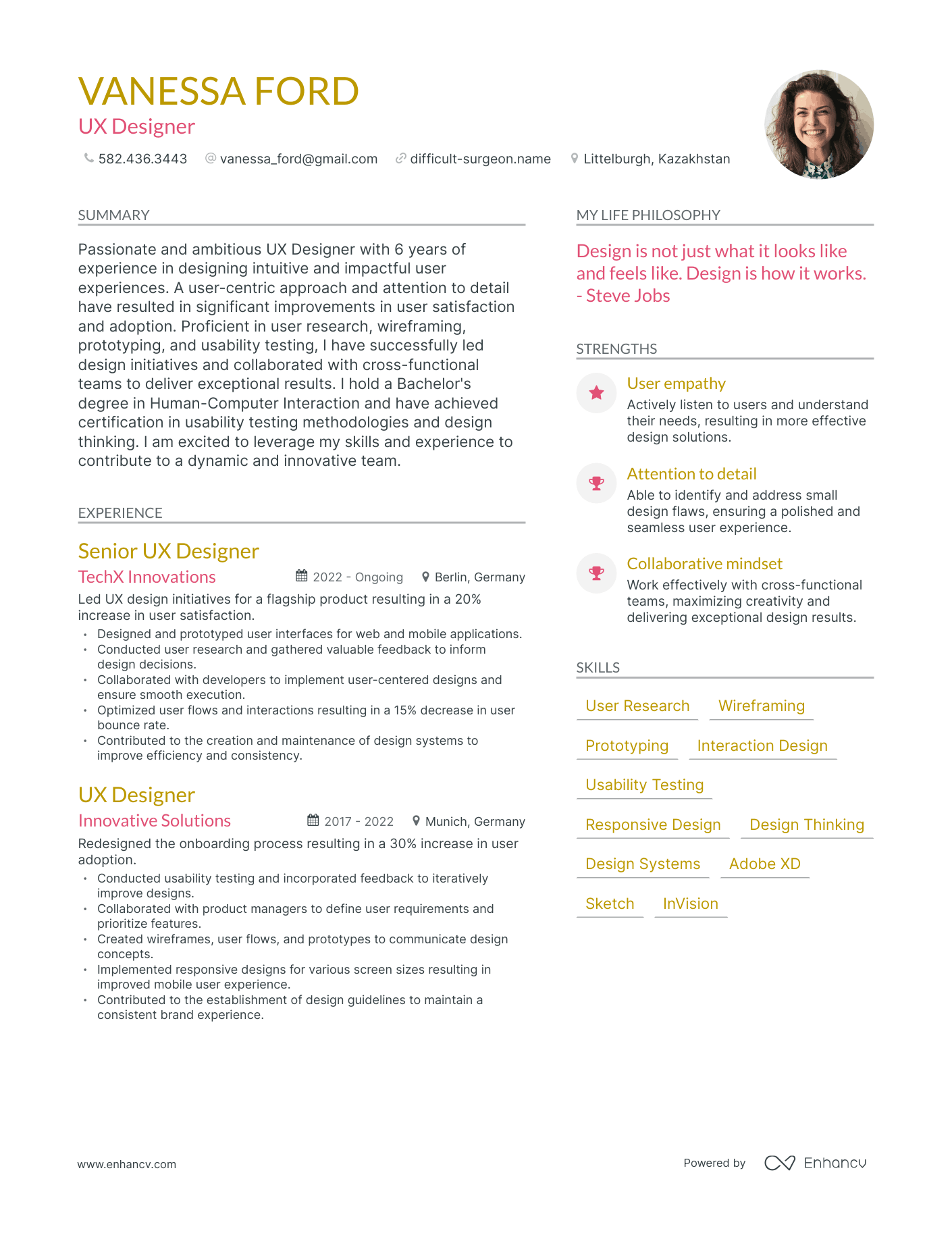 Modern UX Designer Resume Example